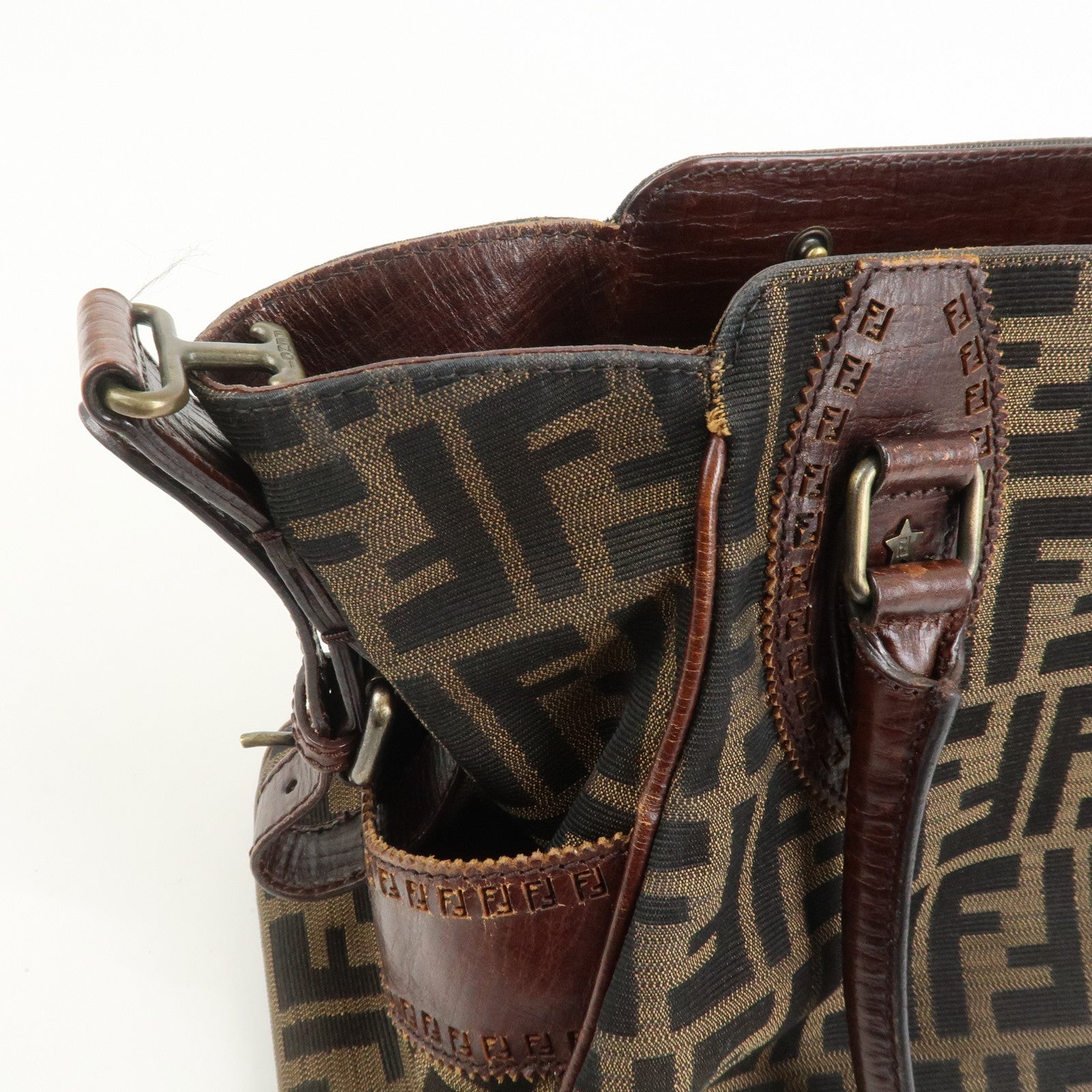 FENDI Ethnico Zucca Canvas Leather Tote Bag Shoulder Bag 8BN157