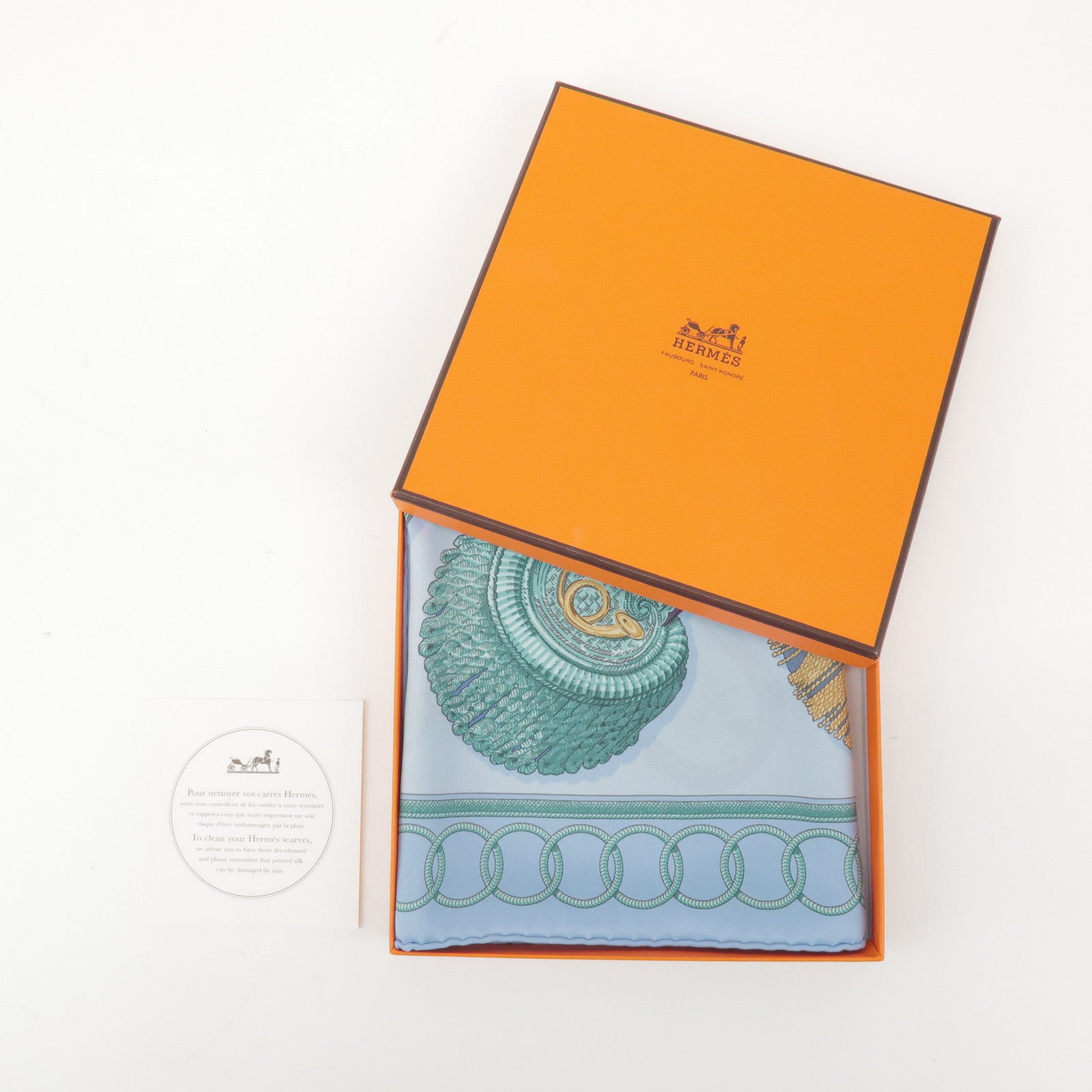 HERMES Carre 70 Silk 100% Scarf Epaulette Light Blue Light Green