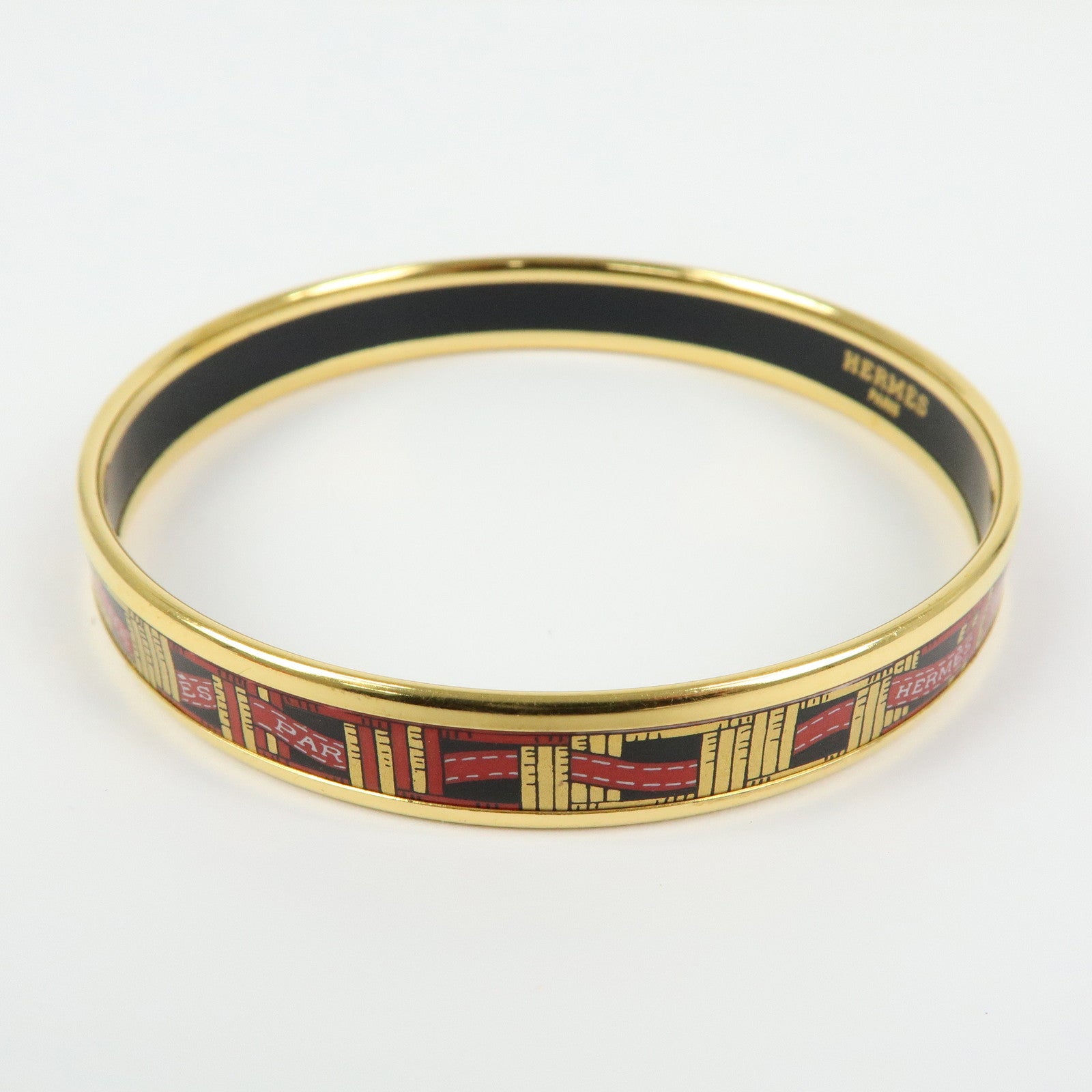 HERMES Email PM Bracelet Bangle Ribbon Motif Metal Gold Red Black