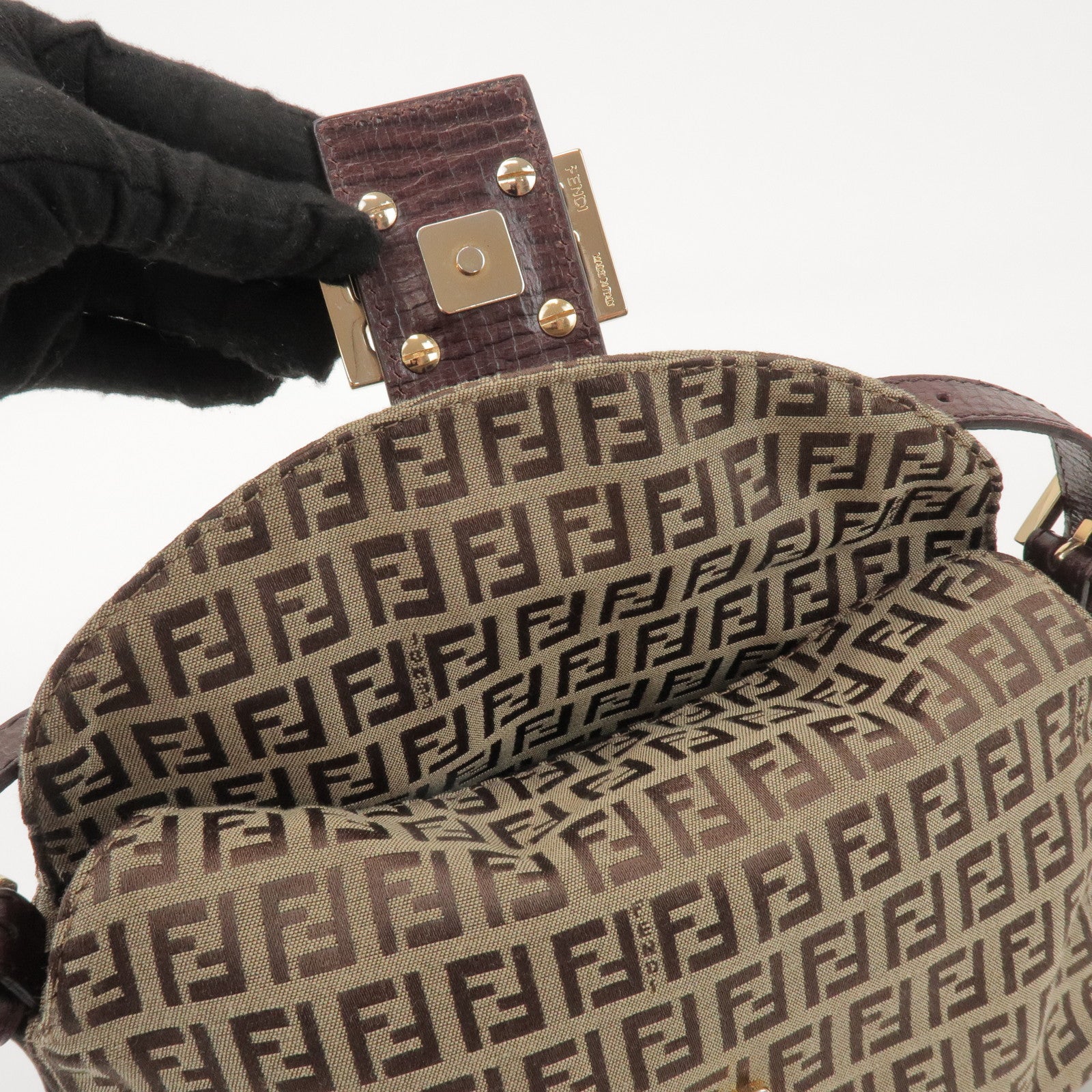 FENDI Zucchino Canvas Leather Hand Bag Brown Beige 8BR003