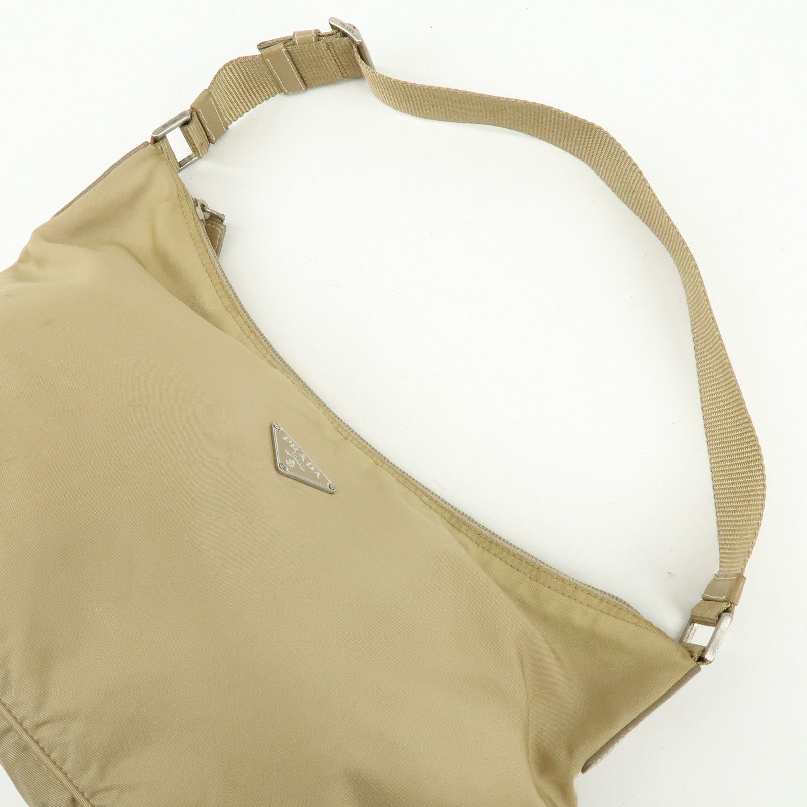 PRADA Triangle Logo Nylon Leather Shoulder Bag Hand Bag Beige