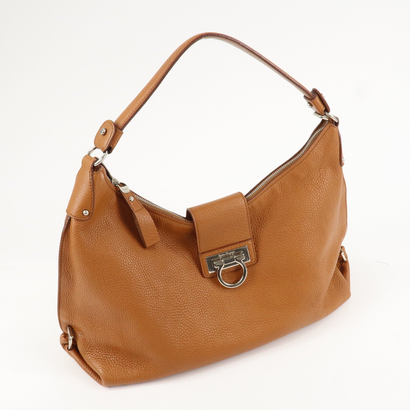 Ferragamo Gancini Leather Shoulder Bag Brown Silver Hardware Used