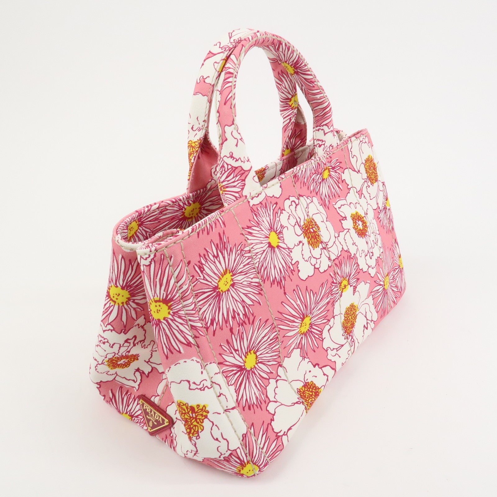 PRADA Canapa Canvas 2Way Bag Hand Bag Flower Print Pink