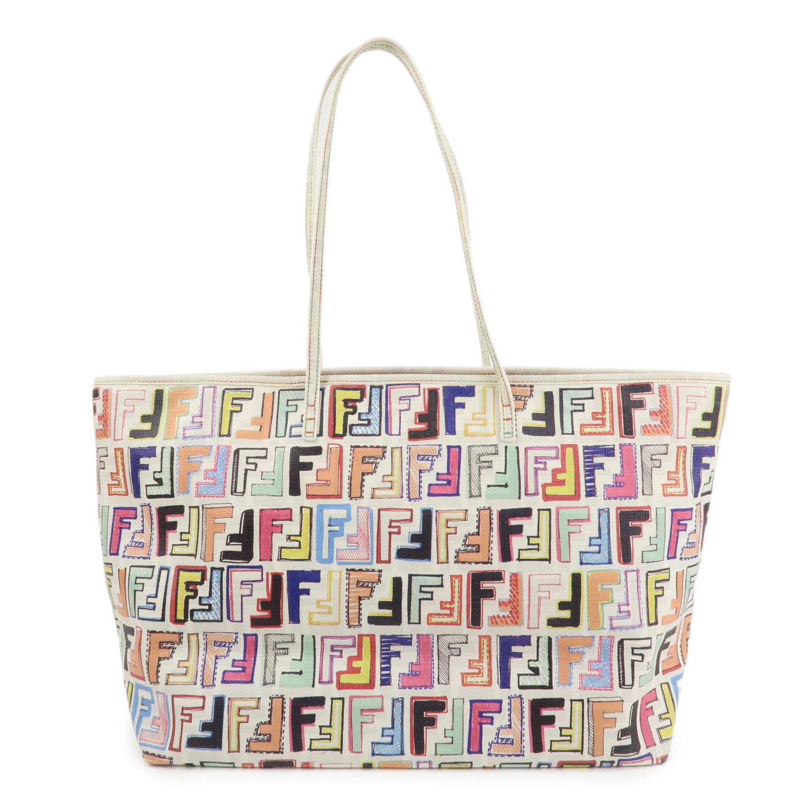 FENDI Zucca Logo Print PVC Tote Bag Multicolor White 8BH185 Used
