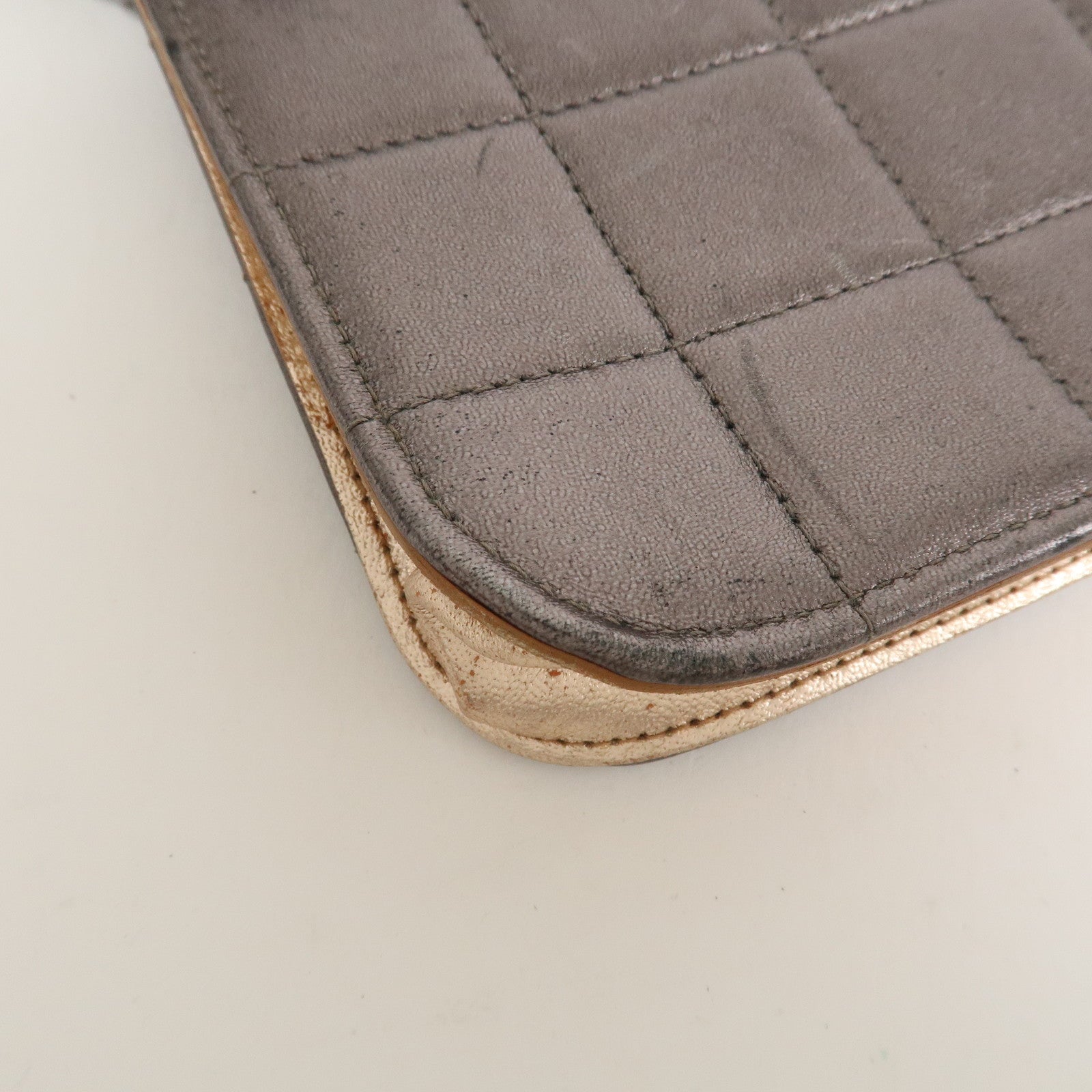 CHANEL Chocolate Bar Leather Clutch Bag Hand Bag Silver