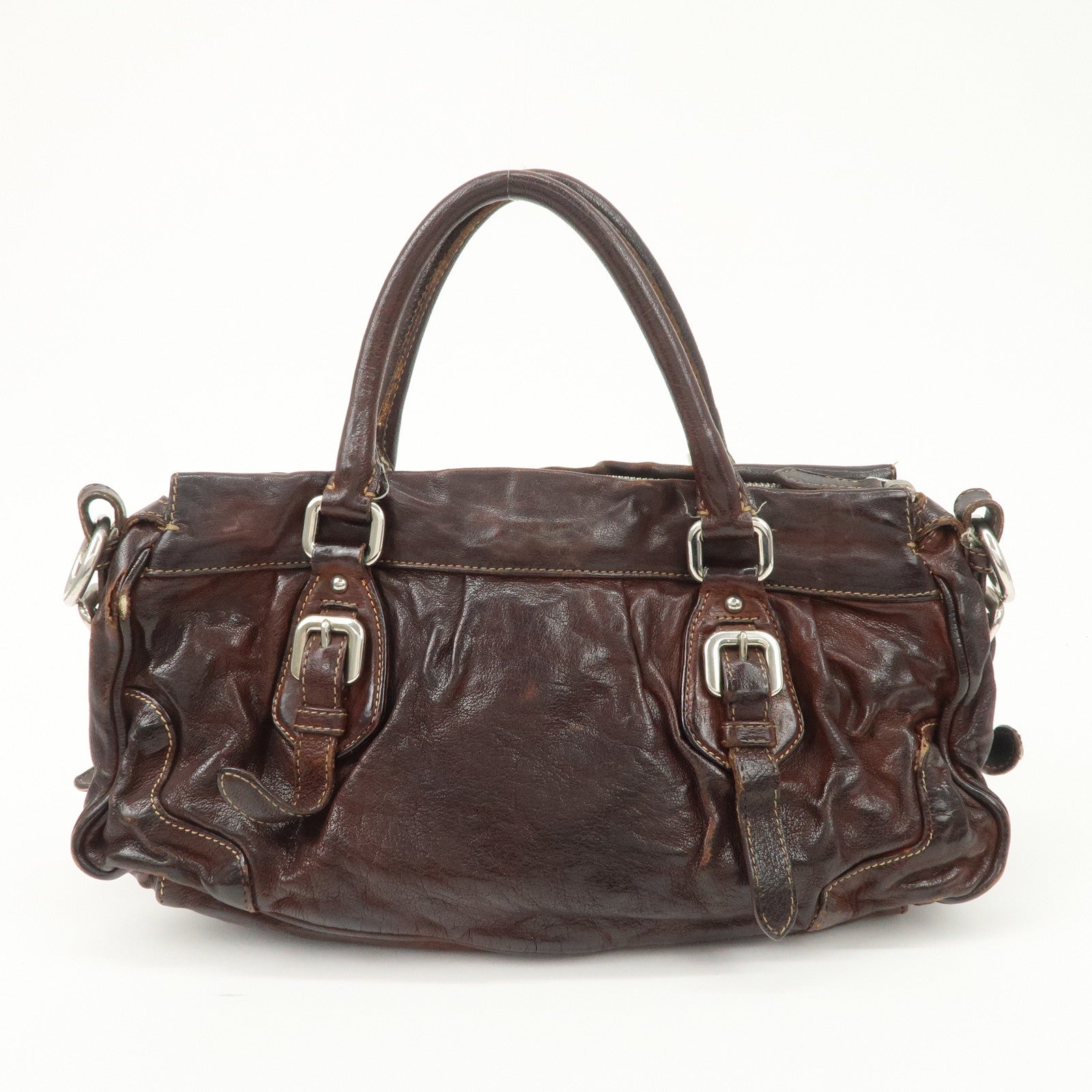 PRADA Triangle Logo Leather 2Way Bag Hand Bag Dark Brown BN1279 Used