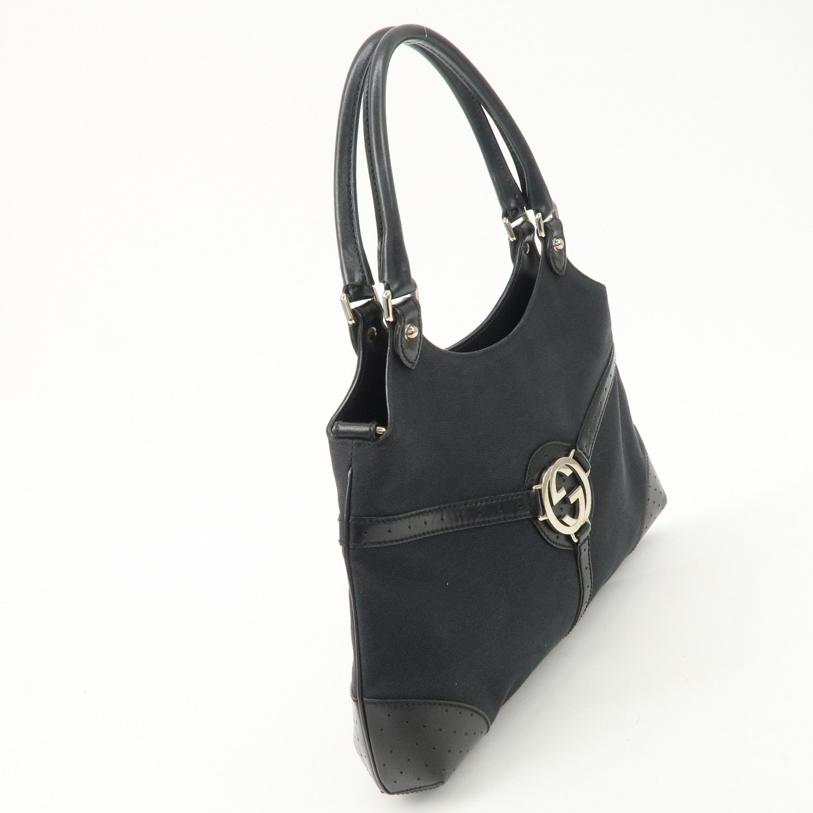 GUCCI Interlocking G Canvas Leather Hand Shoulder Bag Black 114875 Used