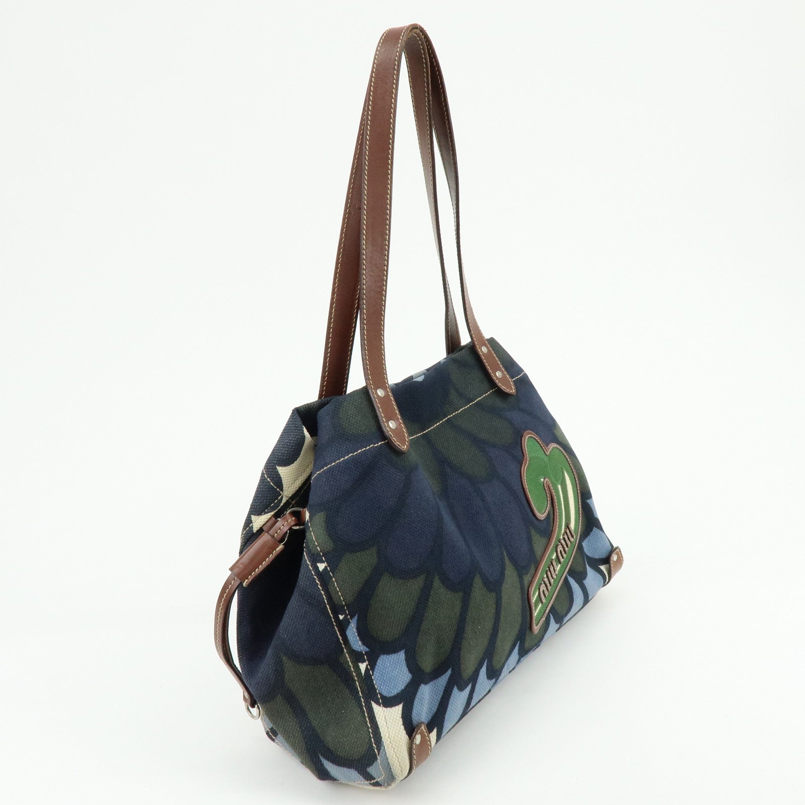 MIU MIU Canvas Leather Tote Bag Shoulder Bag Flower Motif Navy
