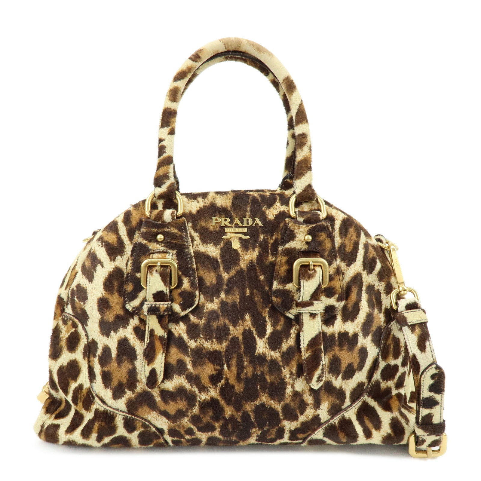 PRADA Pony Hair Leopard 2Way Boston Bag Shoulder Bag Brown BL0429