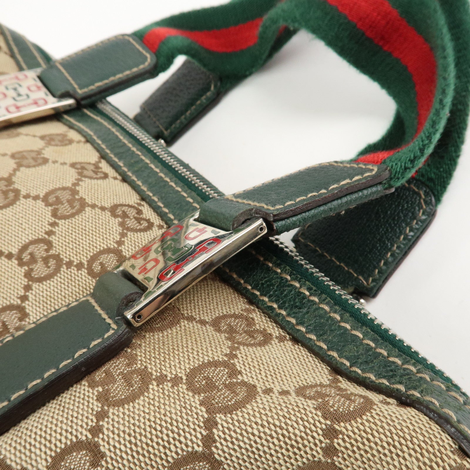 GUCCI Sherry GG Canvas Leather Hand Bag Beige Green 145759