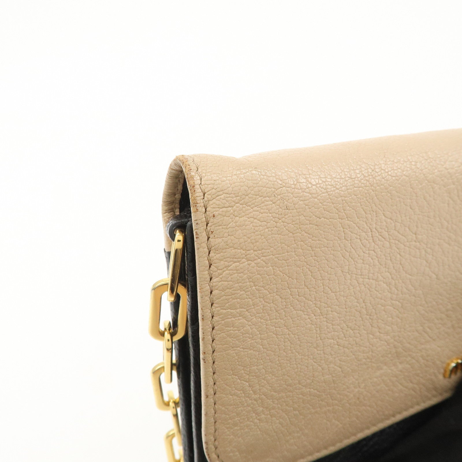 MIU MIU MADRAS Leather Chain Shoulder Wallet WOC Beige Black 5M1290
