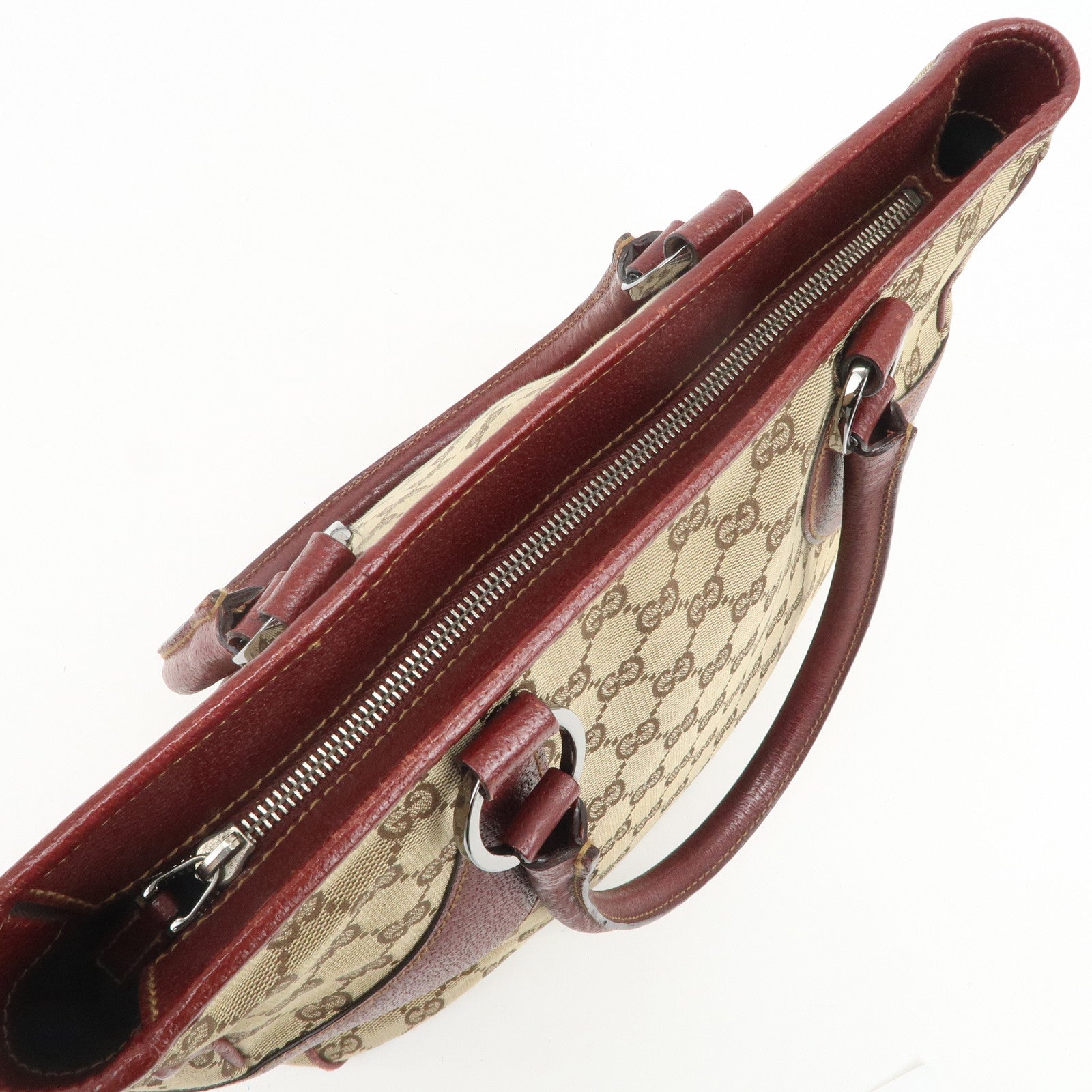 GUCCI GG Monogram Canvas Leather Tote Bag Beige Bordeaux 113011
