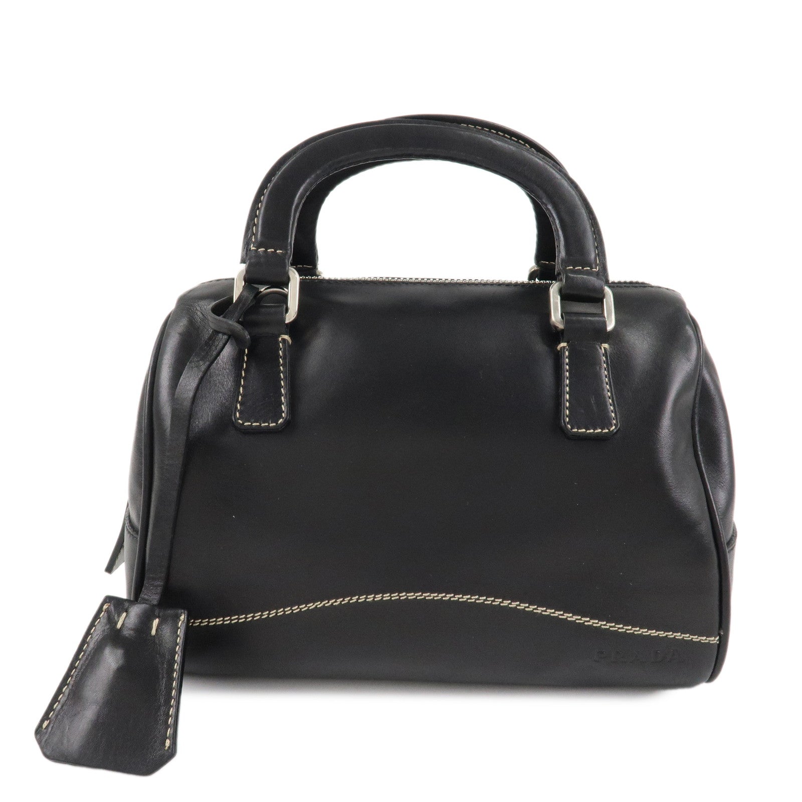 PRADA Leather Mini Boston Bag Hand Bag Black Used