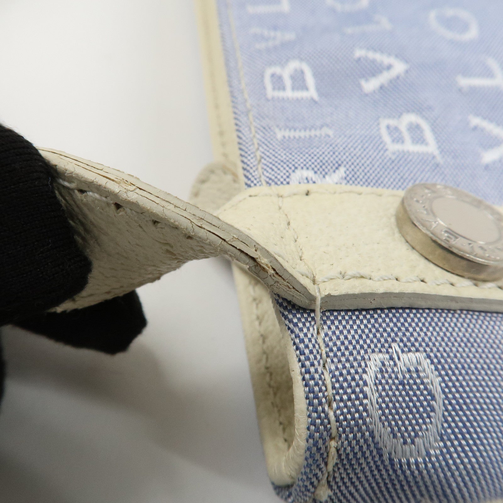 BVLGARI Logo Mania Leather Canvas Shoulder Bag Ivory Light Blue Used