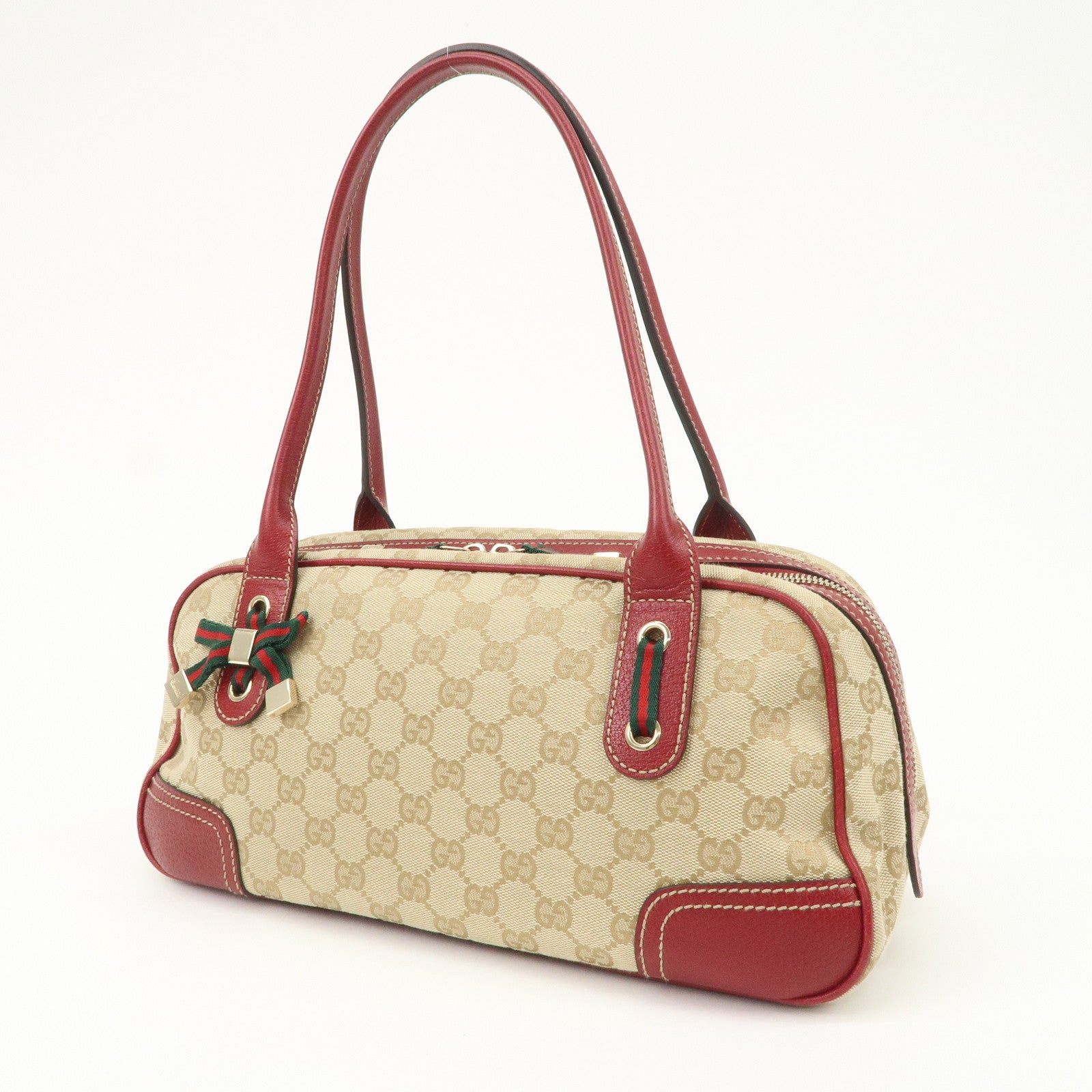 GUCCI Sherry Princy Leather GG Canvas Boston Bag Beige Red 161720