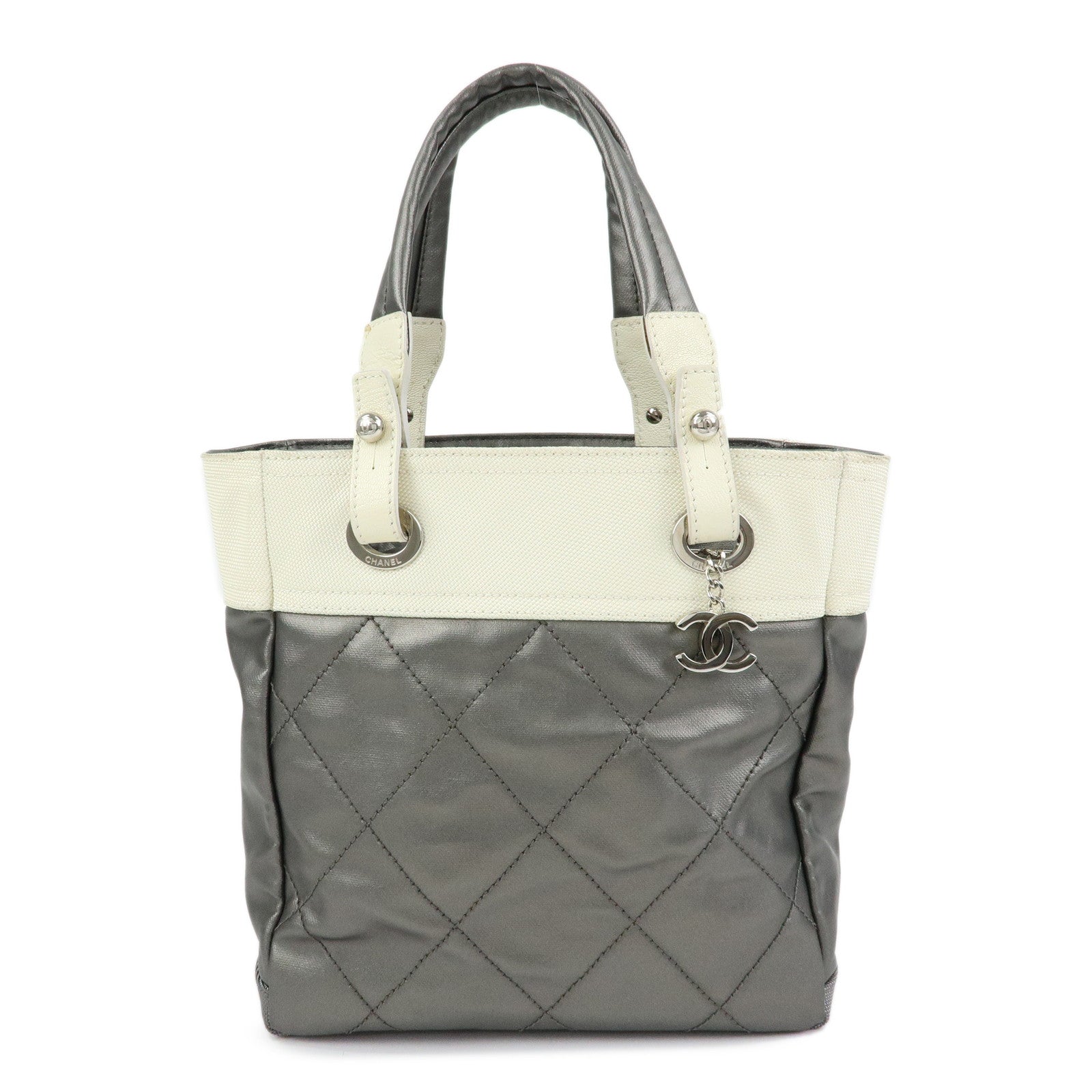 CHANEL Paris-Biarritz PVC Canvas Leather Tote Bag Gray Ivory A34208