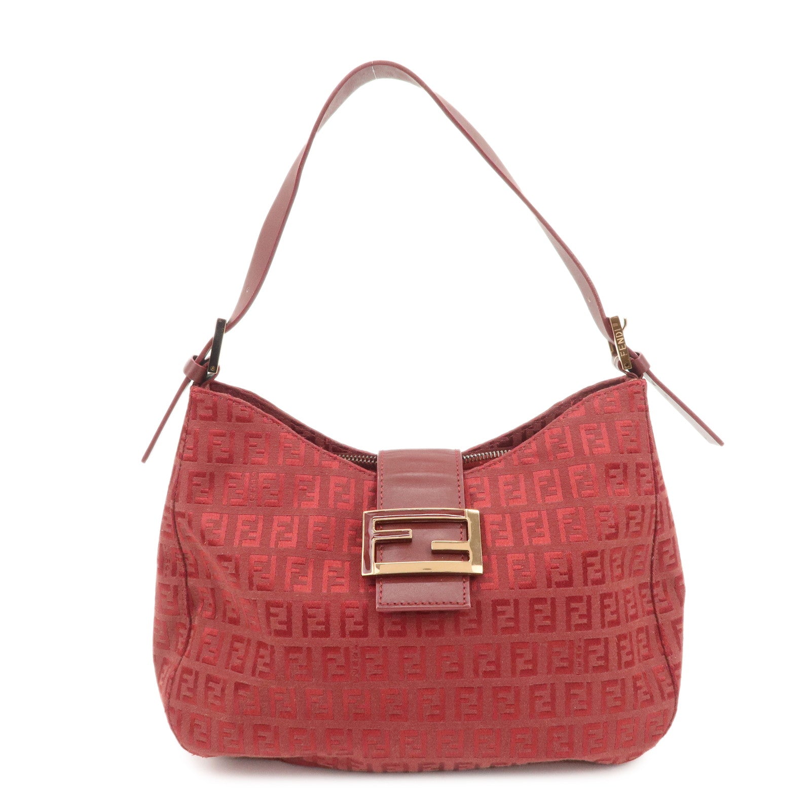 FENDI Zucchino Leather Canvas Shoulder Bag Hand Bag Red Used