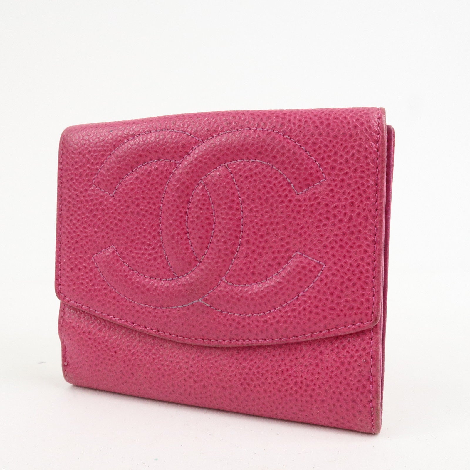 CHANEL COCO Mark Caviarskin Double Hook Bi-fold Wallet Pink