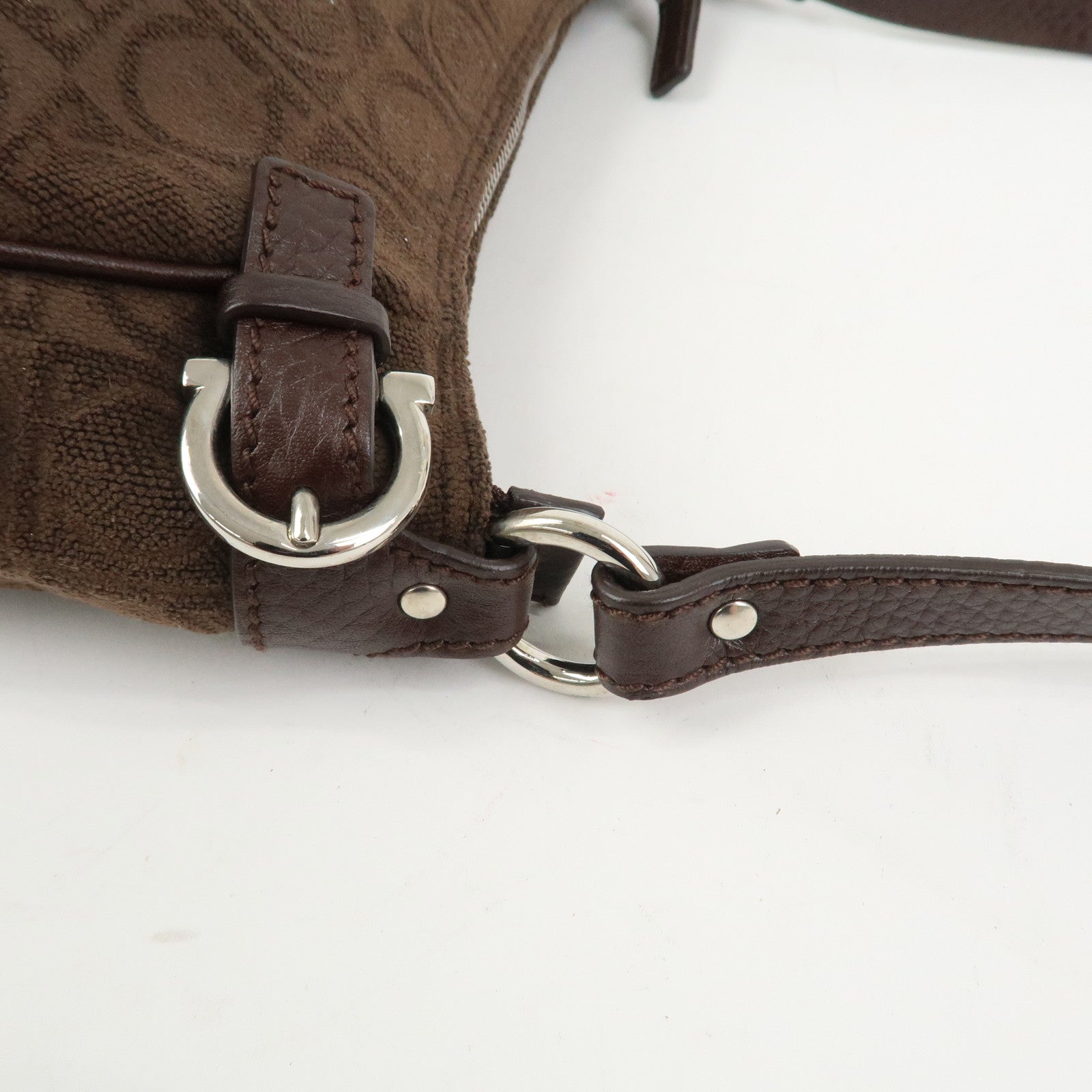 Ferragamo Gancini Polyester Leather Shoulder Bag Hand Bag Brown