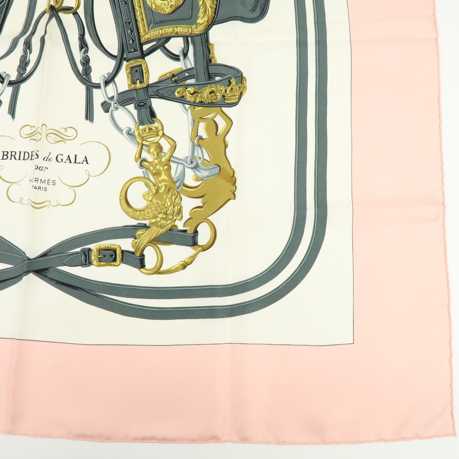 HERMES Carre 90 Silk 100% BRIDES DE GALA Scarf Light Pink White