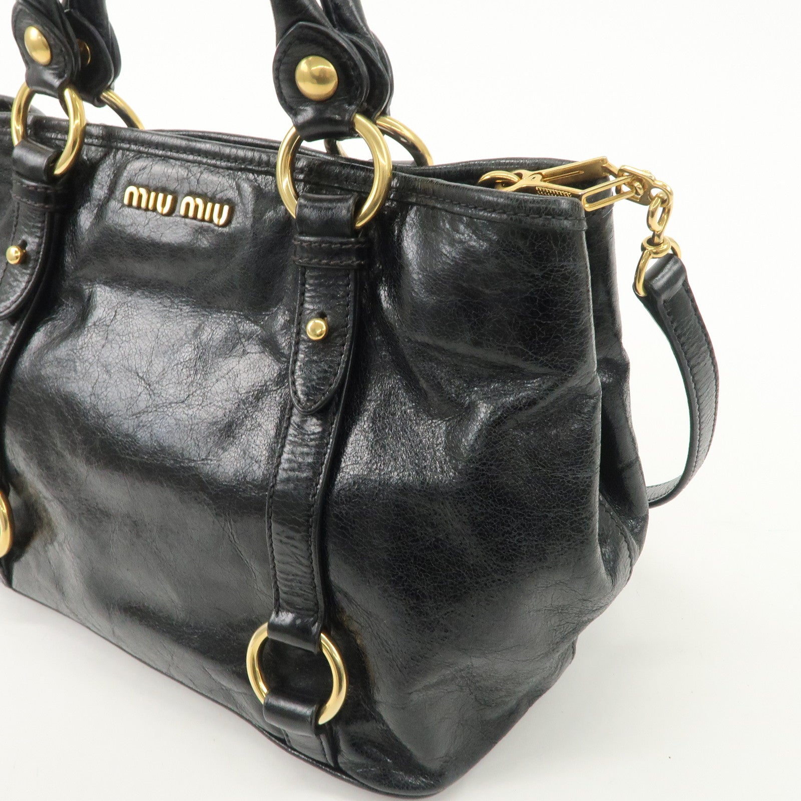 MIUMIU Logo Leather 2WAY Hand Bag Black Gold Hardware RN0685 Used