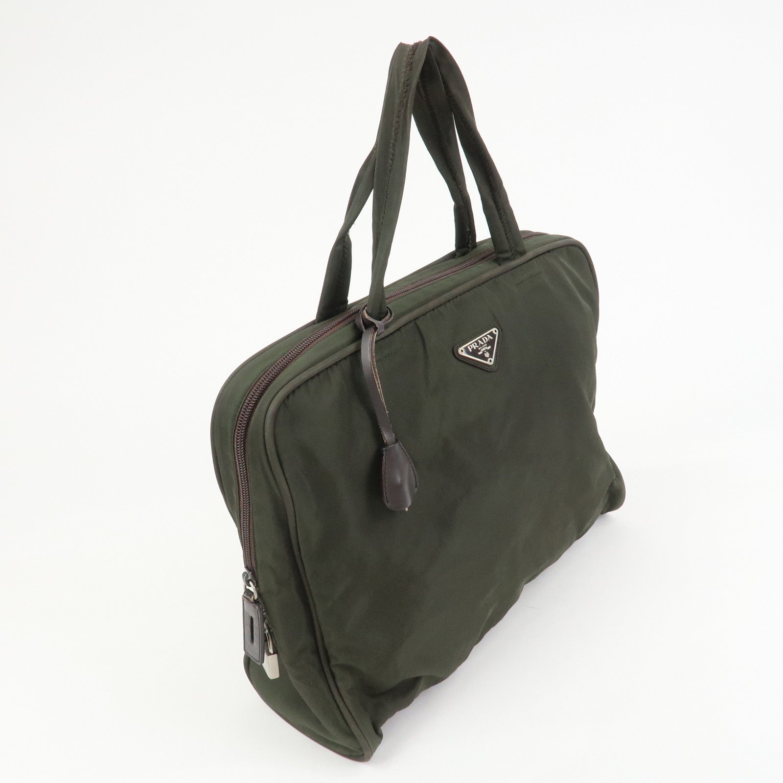 PRADA Triangle Logo Nylon Brief Case Tote Bag Khaki B8493
