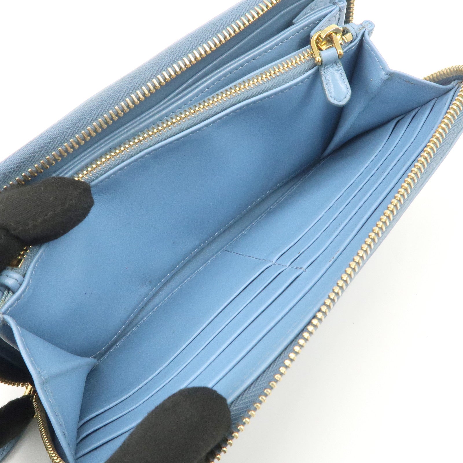 PRADA Logo Vitello Move Leather Zippy Long Wallet Light Blue 1ML506