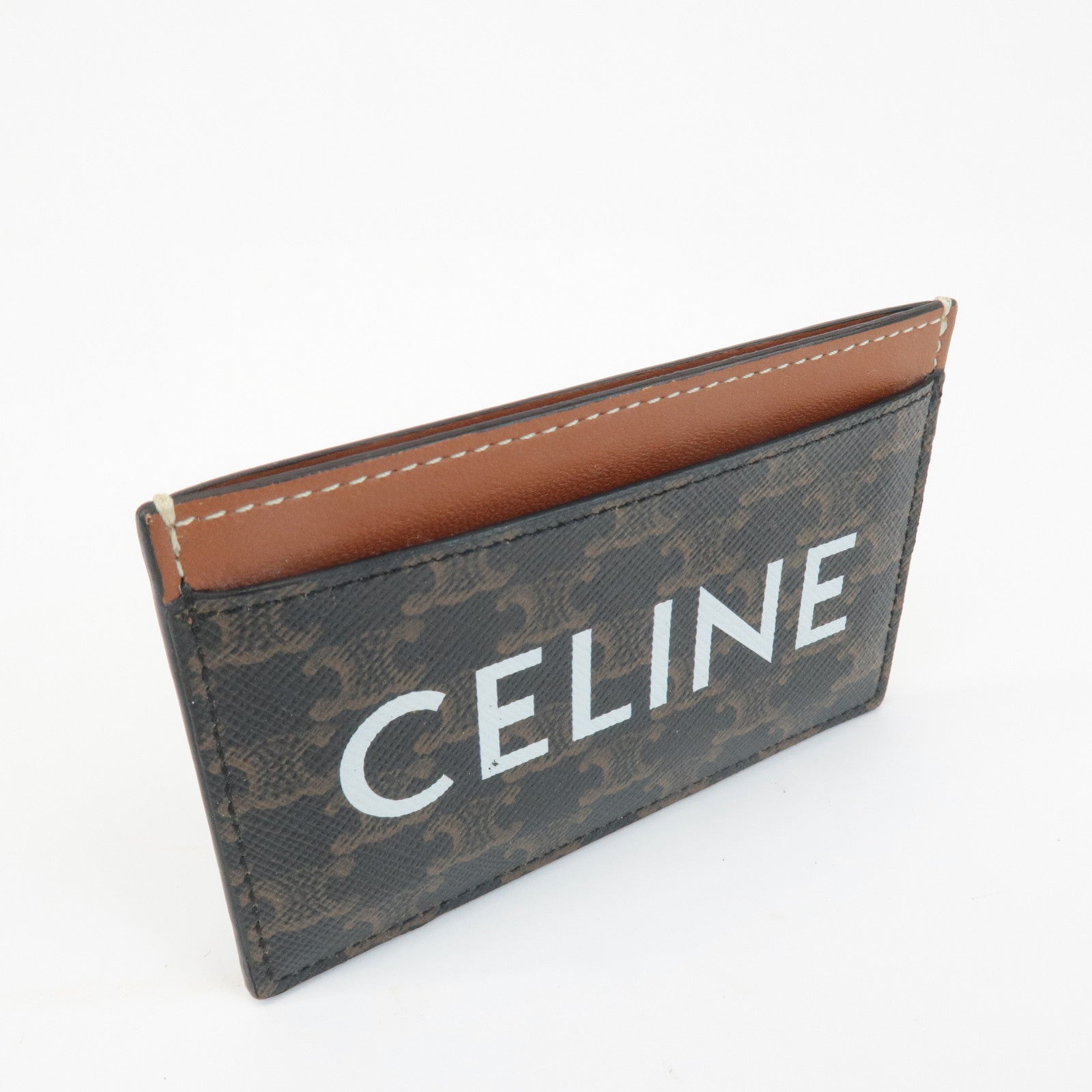 CELINE Leather Canvas Triomphe Card Case Black Brown 10B702CLY