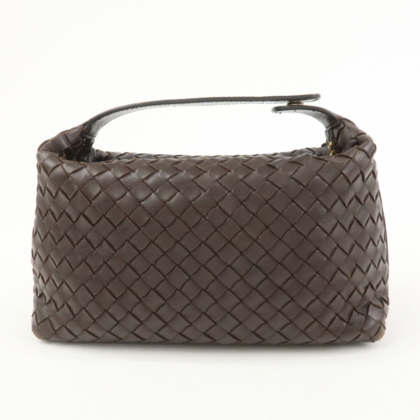 BOTTEGA VENETA Intrecciato Lamb Skin Hand Bag Boston Bag Dark Brown