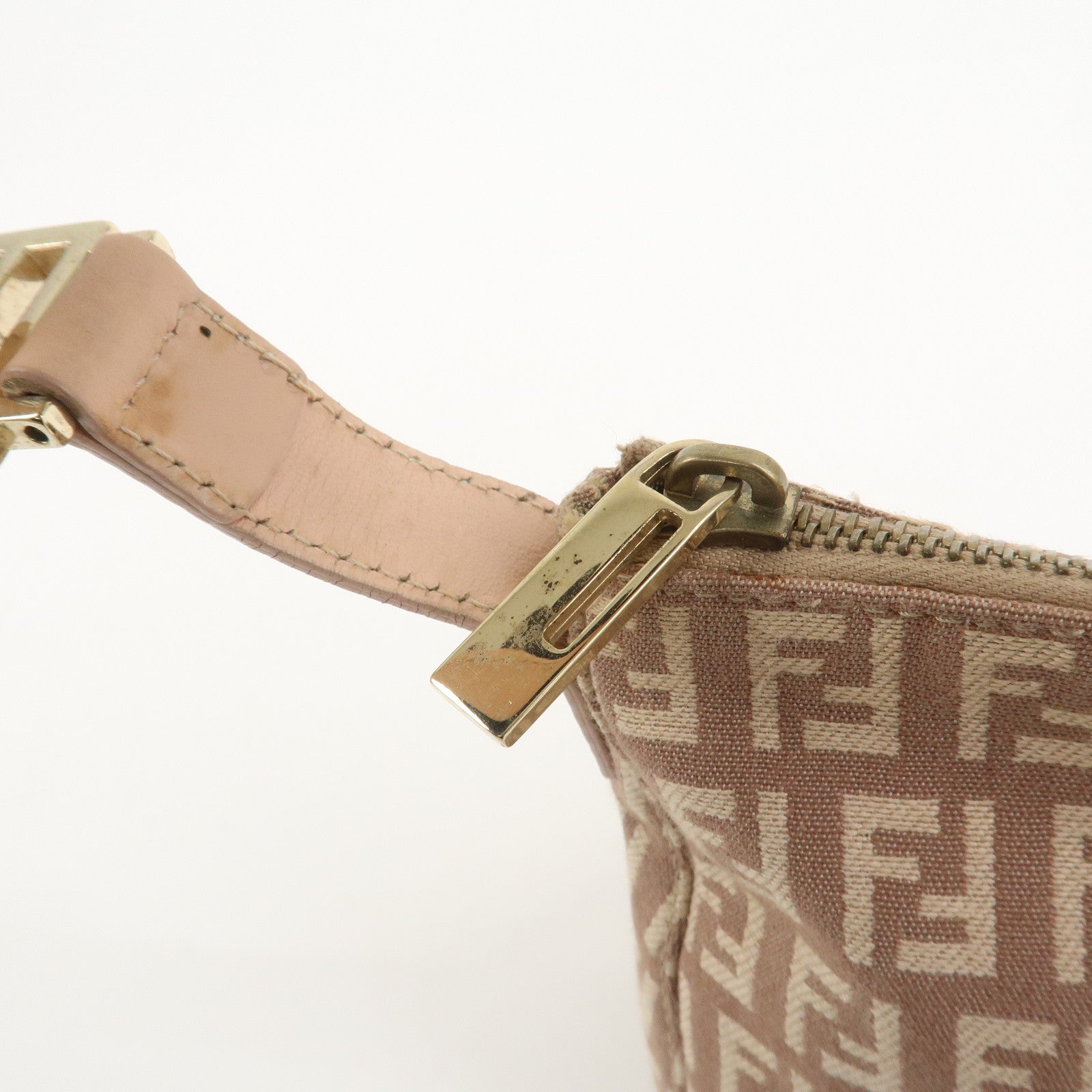 FENDI Zucchino Canvas Leather Shoulder Hand Bag Pink Beige 8BR444