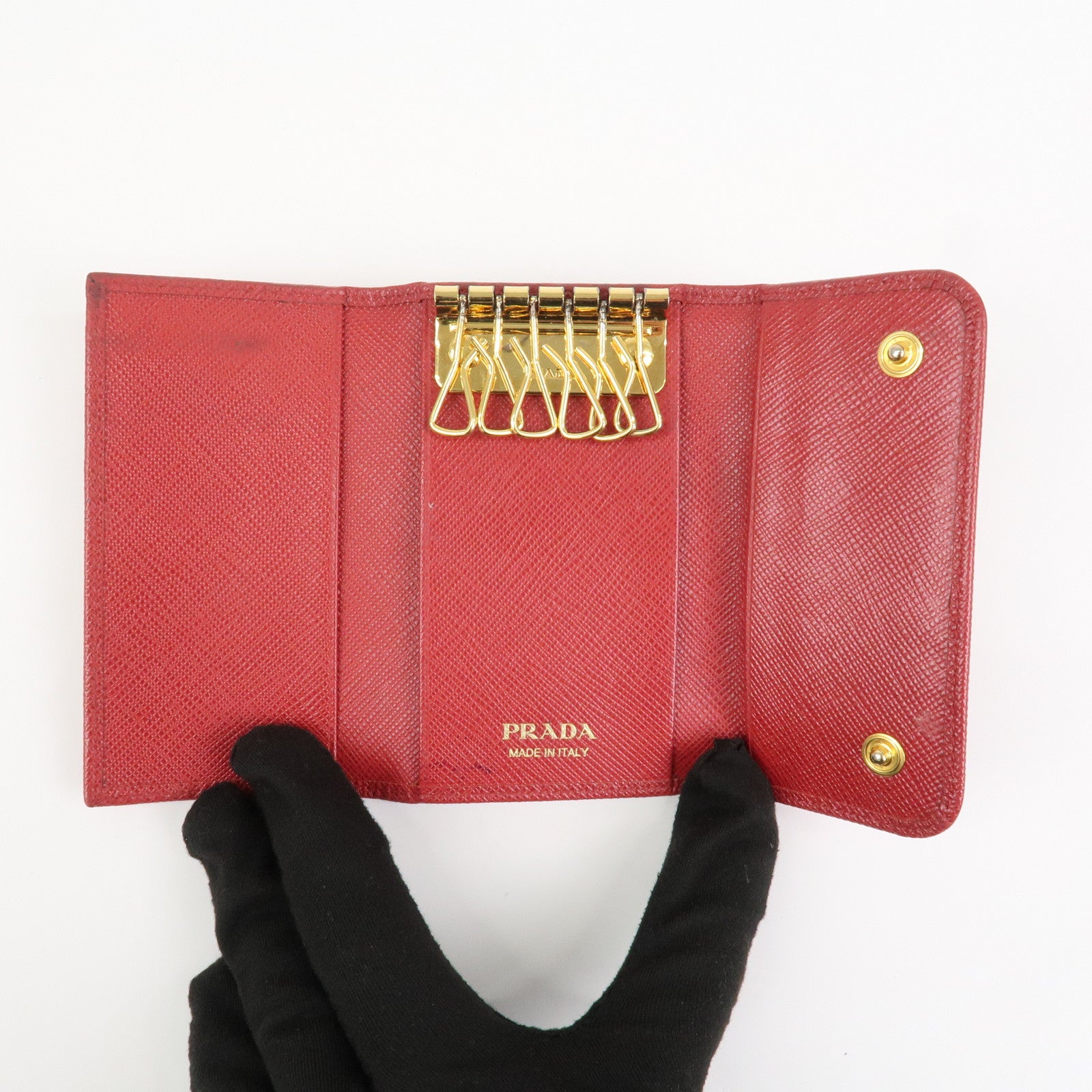 PRADA Logo Saffiano Leather Ribbon 6 Rings Key Case Red 1PG222