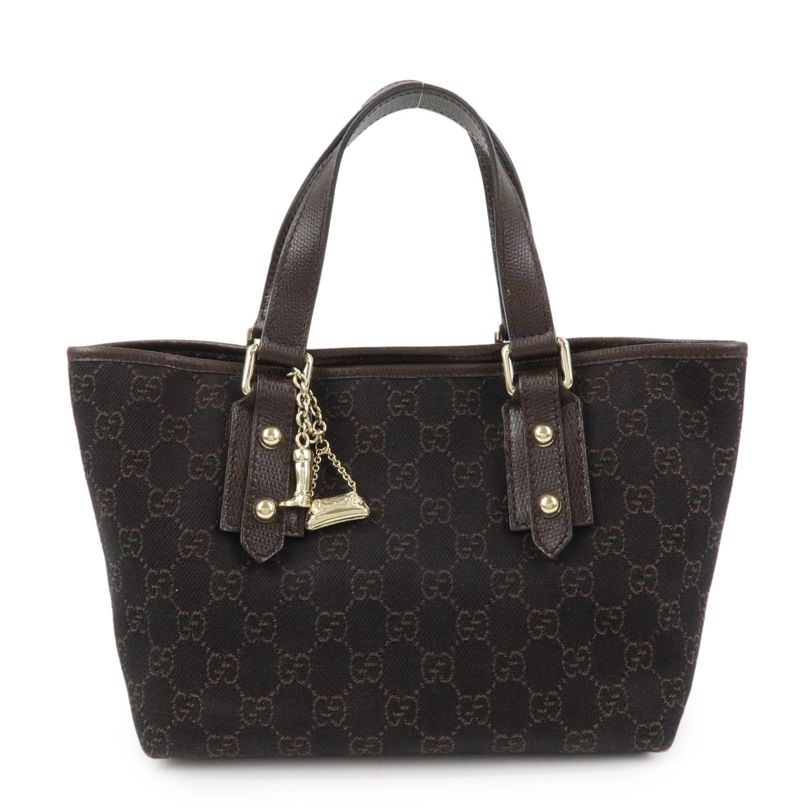 GUCCI Logo GG Canvas Leather Hand Bag Tote Bag Dark Brown 240017