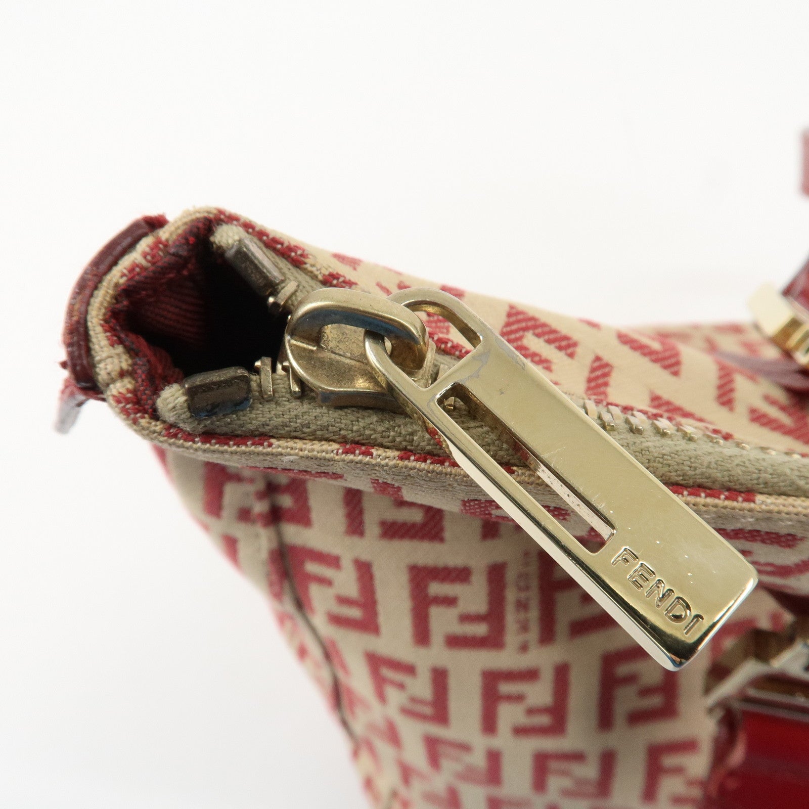 FENDI Zucchino Canvas Leather Hand Bag Beige Red 8BH134 Used
