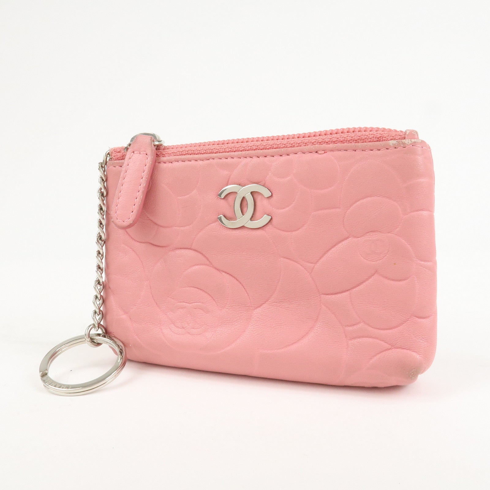 CHANEL Camellia Lamb Skin Leather Coin Case Pink