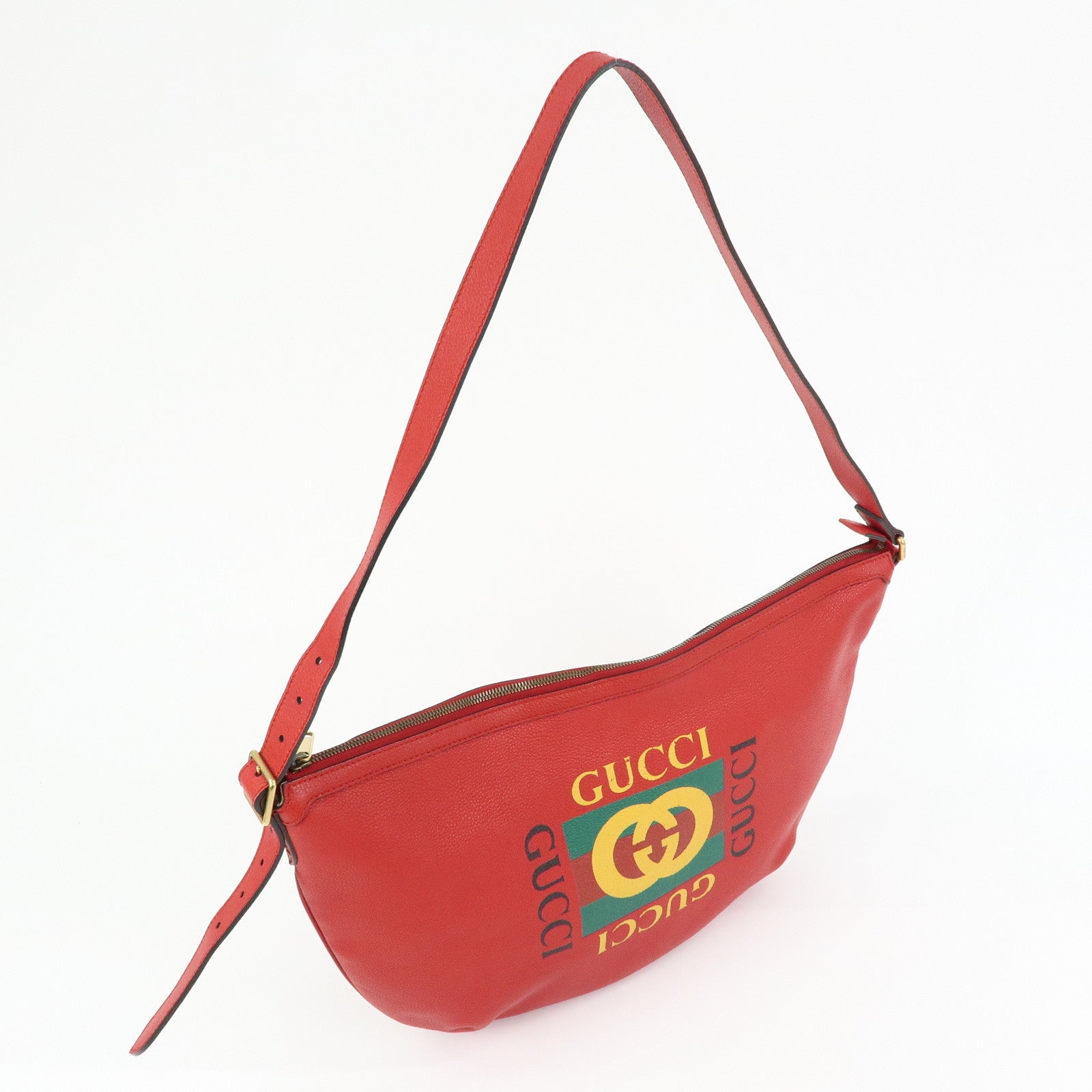 GUCCI Logo Sherry Half Moon Leather Shoulder Bag Red 523588
