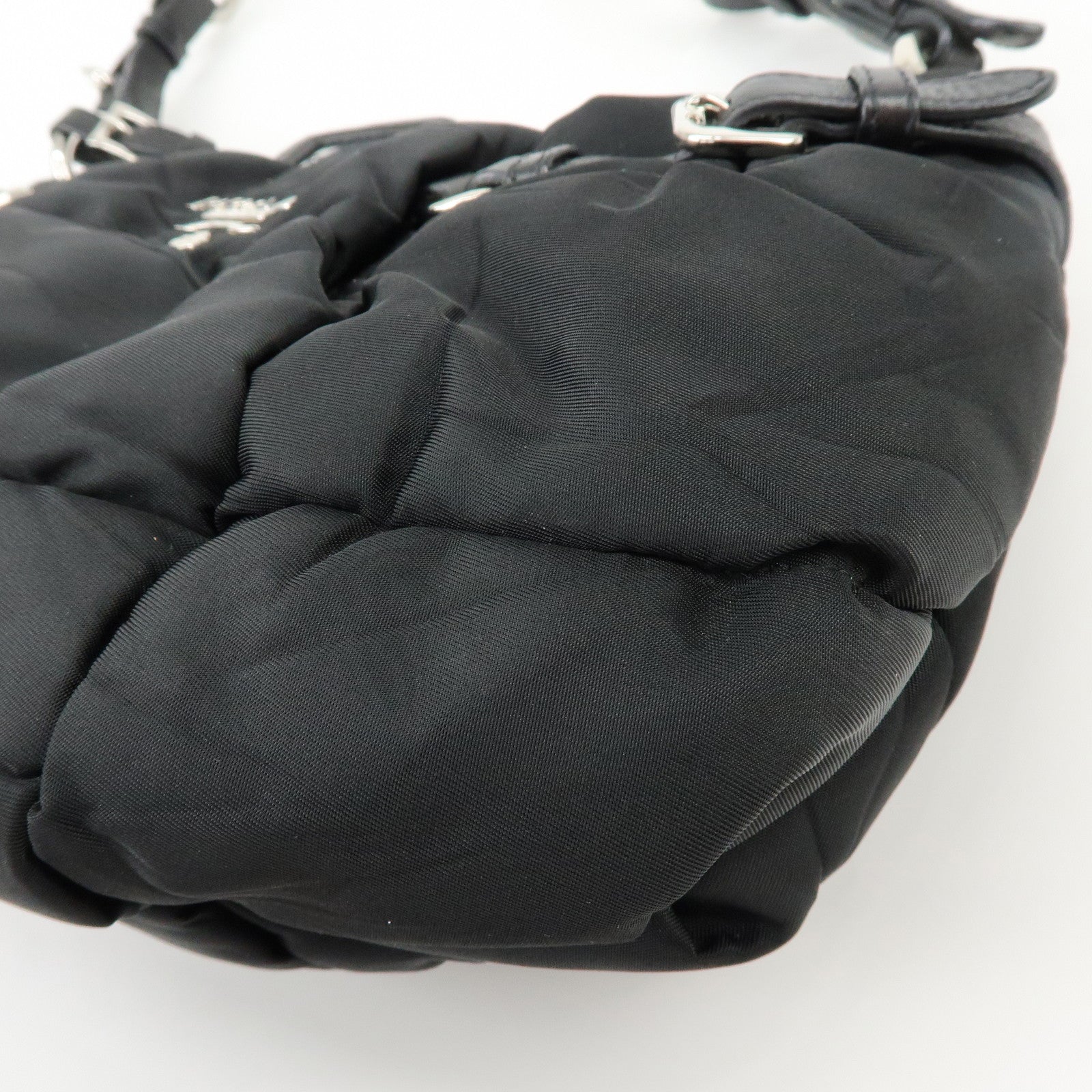 PRADA Logo Nylon Puffy Leather Shoulder Bag Hand Bag Black Silver