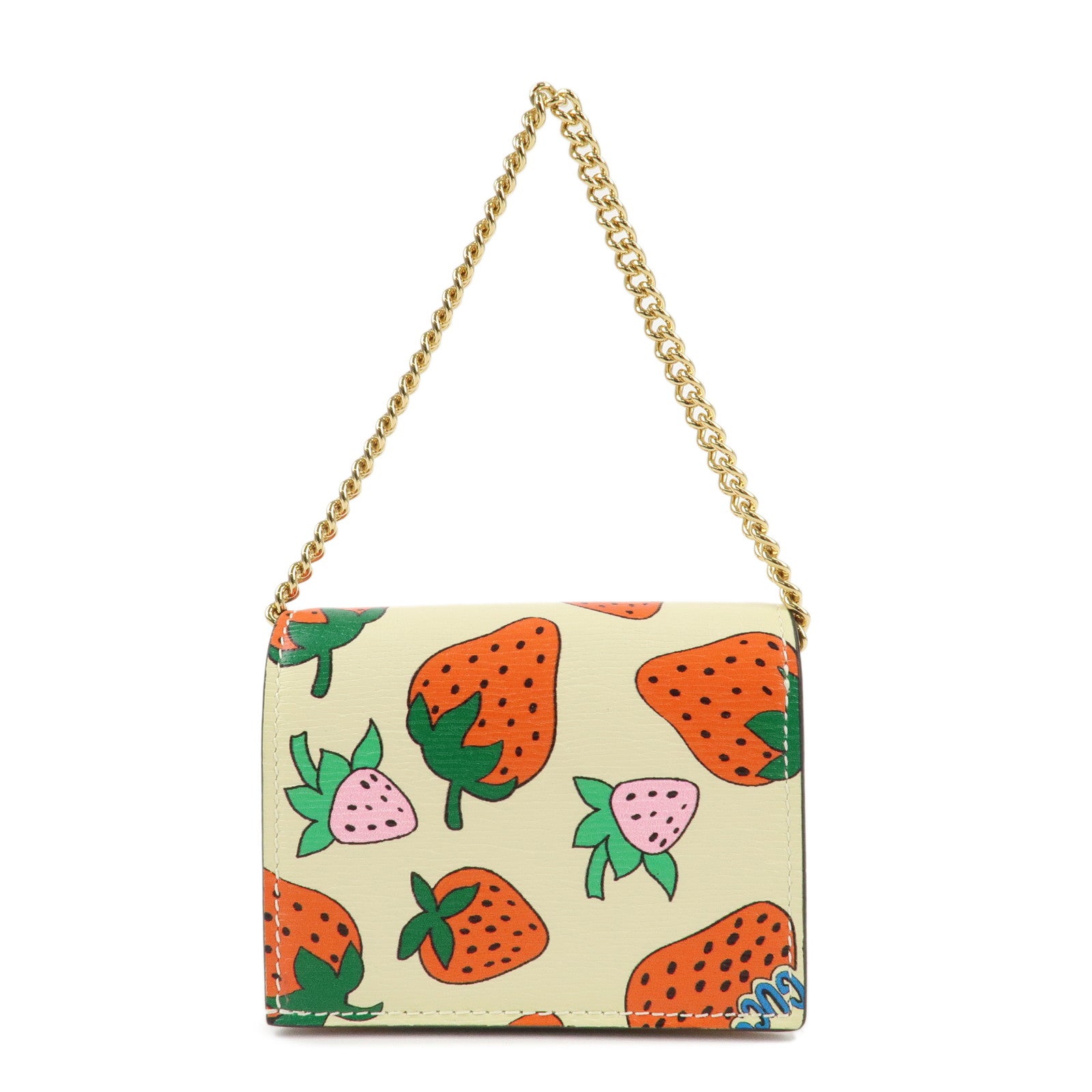 GUCCI Zumi Leather Strawberry Mini Chain Wallet Creme Green Red 570669 Used