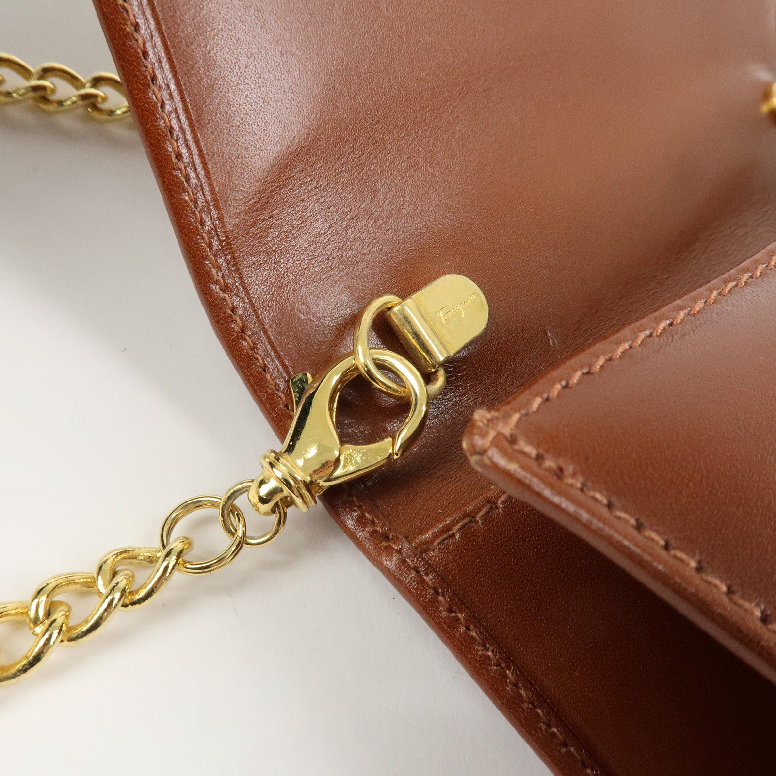 Ferragamo Gancini Leather Chain Shoulder Bag Brown Gold HDW Used