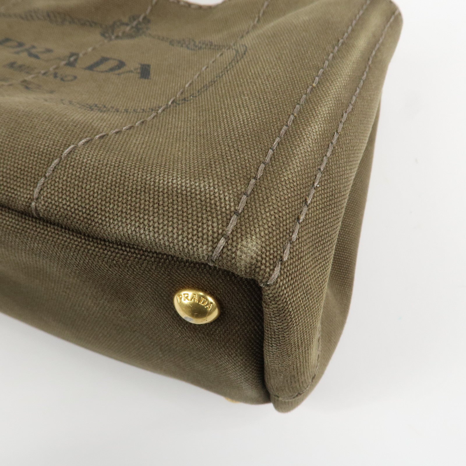 PRADA Logo Canapa Mini Canvas Tote Bag Hand Bag Khaki BN2439 Used