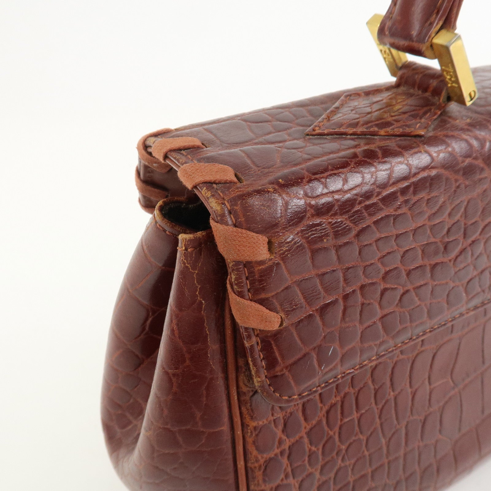 SAINT LAURENT PARIS Embossed Leather Hand Bag Red Brown