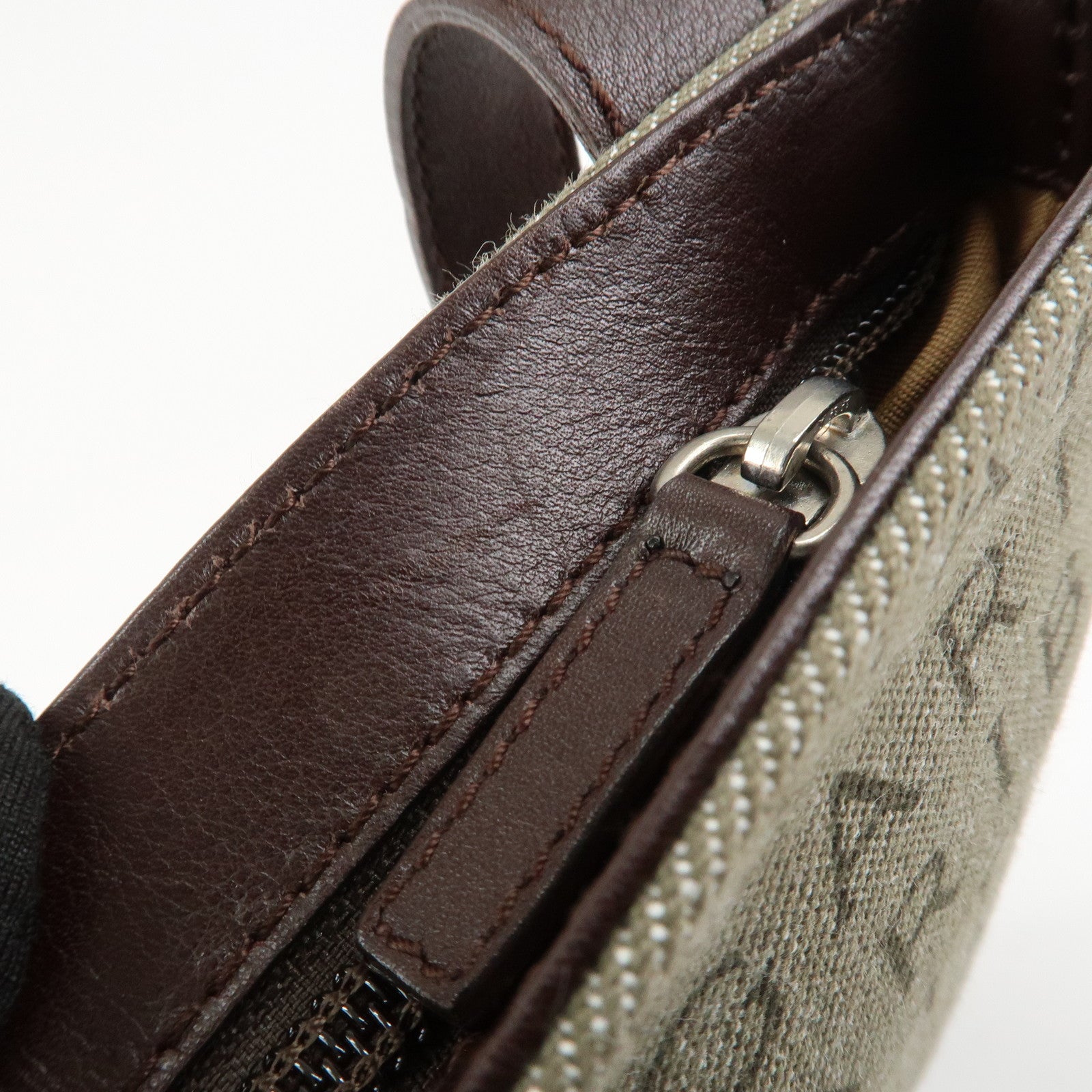 BVLGARI Logo Mania Leather Canvas Shoulder Bag Khaki Dark Brown Used