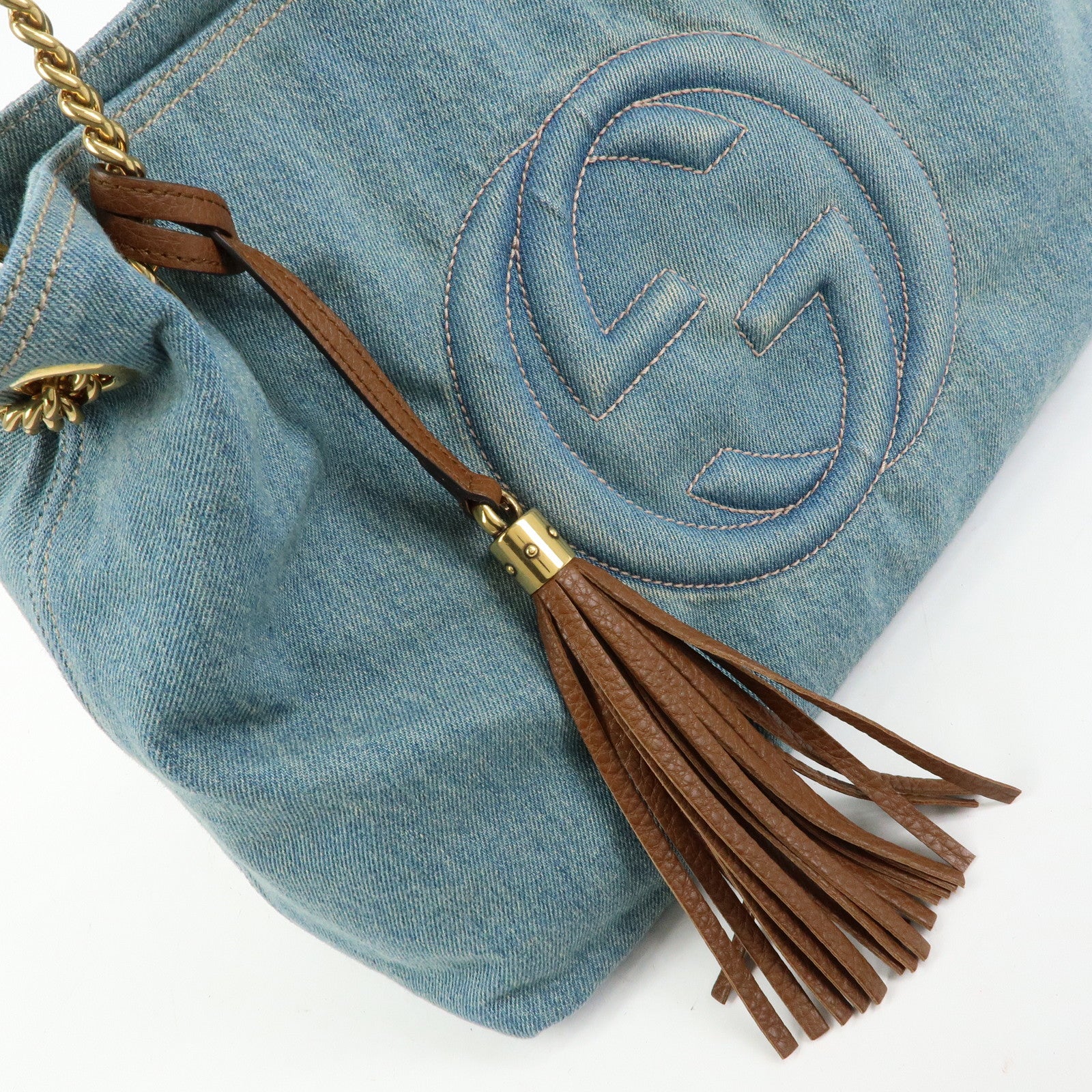 GUCCI SOHO Interlocking G Denim Leather Chain Shoulder Bag 308982