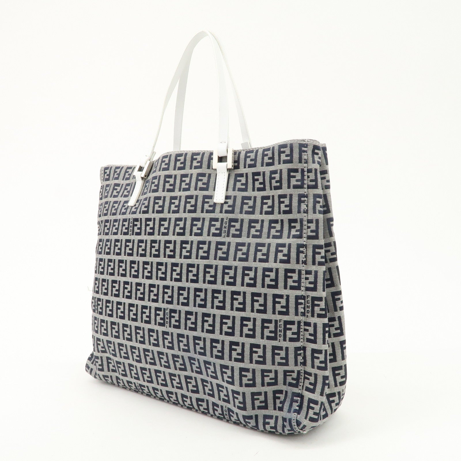 FENDI Zucchino Canvas Leather Tote Bag Hand Bag White Navy 8BH019 Used