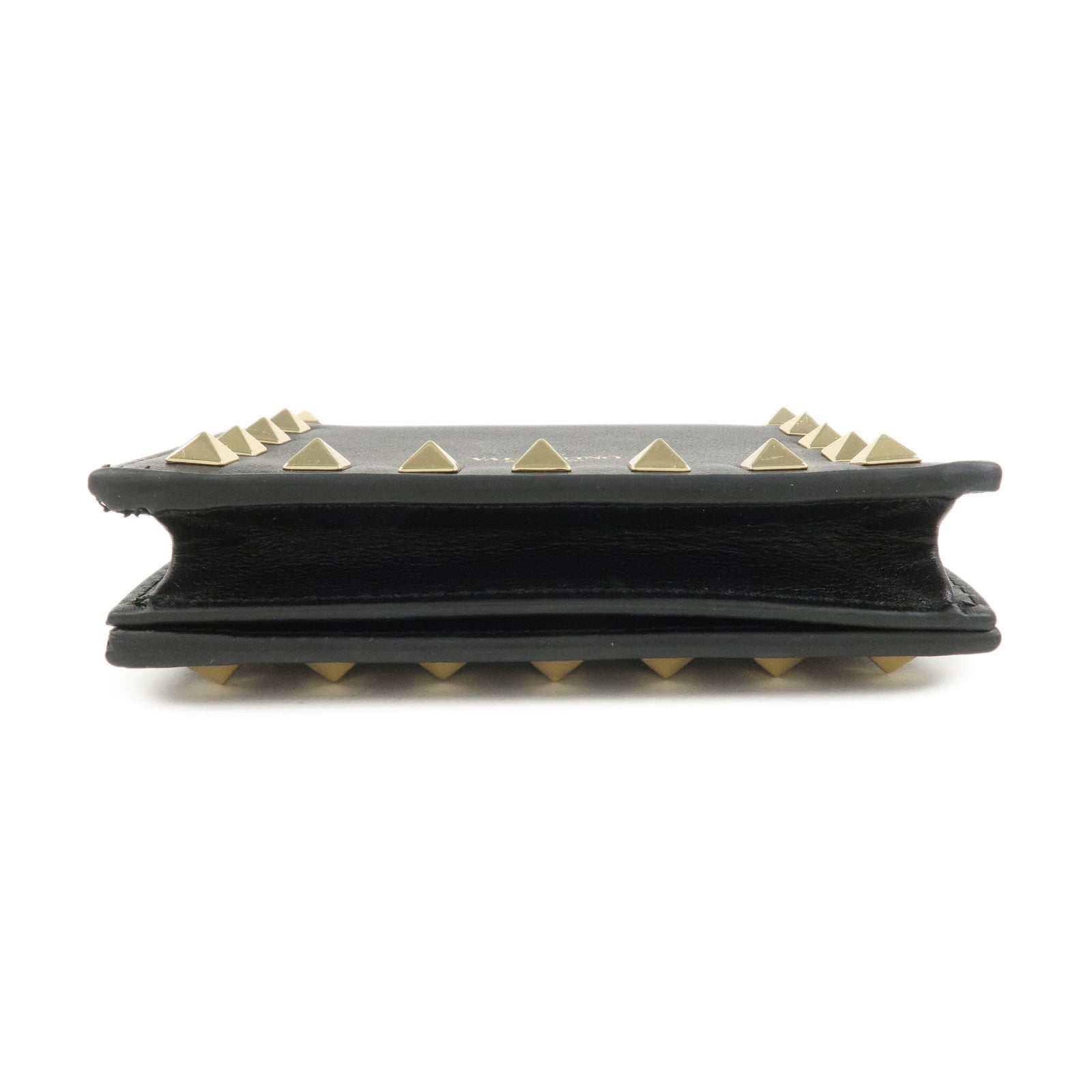 VALENTINO Leather Studs Compact Bi-Fold Wallet Black Gold