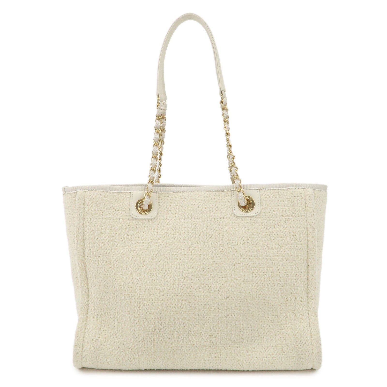 CHANEL Leather Tweed Deauville MM Shoulder Bag Tote Bag Ivory