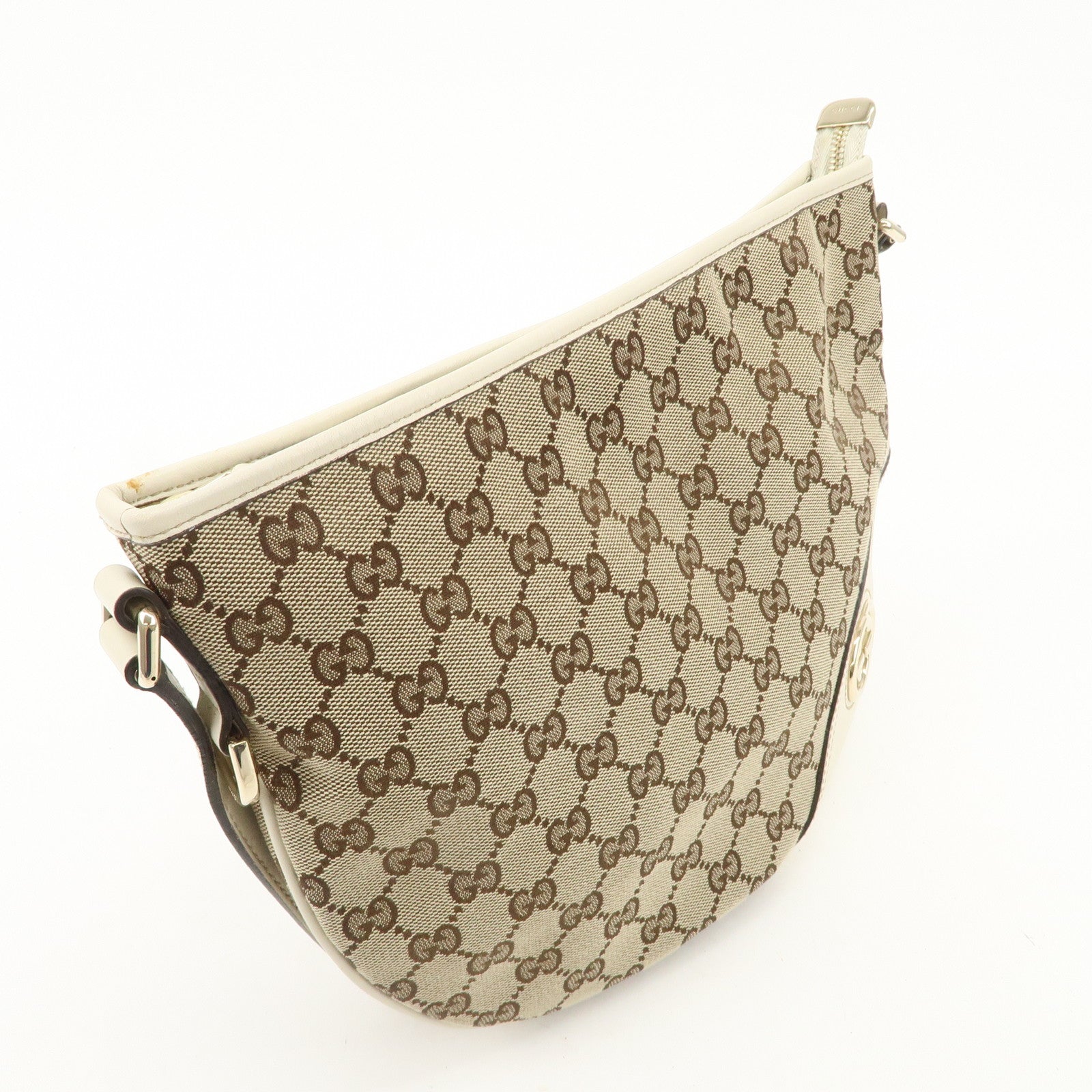 GUCCI Interlocking G GG Canvas Leather Shoulder Bag Beige 16998 Used