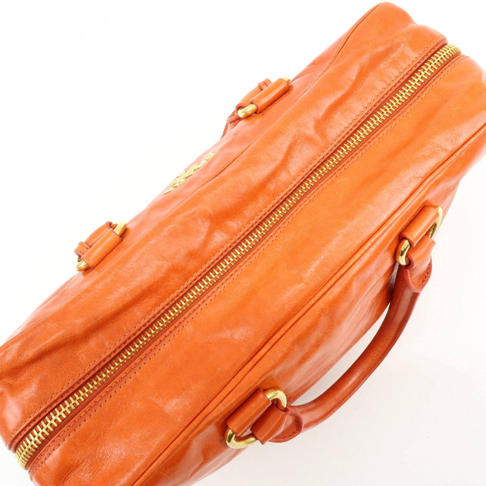 PRADA Logo Leather Boston Bag Hand Bag Shoulder Bag Orange BL0821