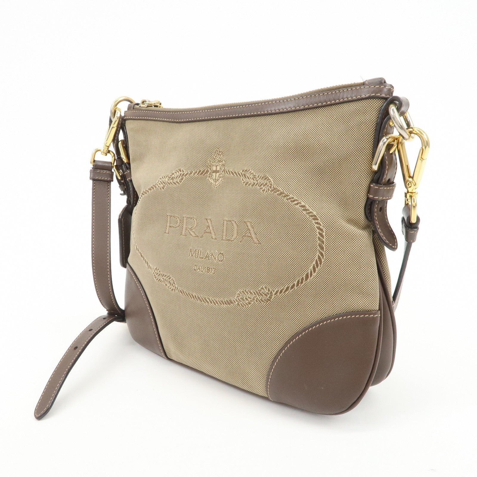 PRADA Logo Jacquard Leather Shoulder Bag Beige Brown BT867A
