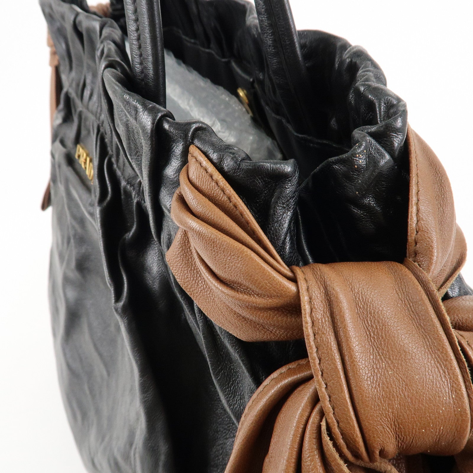 PRADA Leather Ribbon Shoulder Bag Hand Bag Black Brown Used