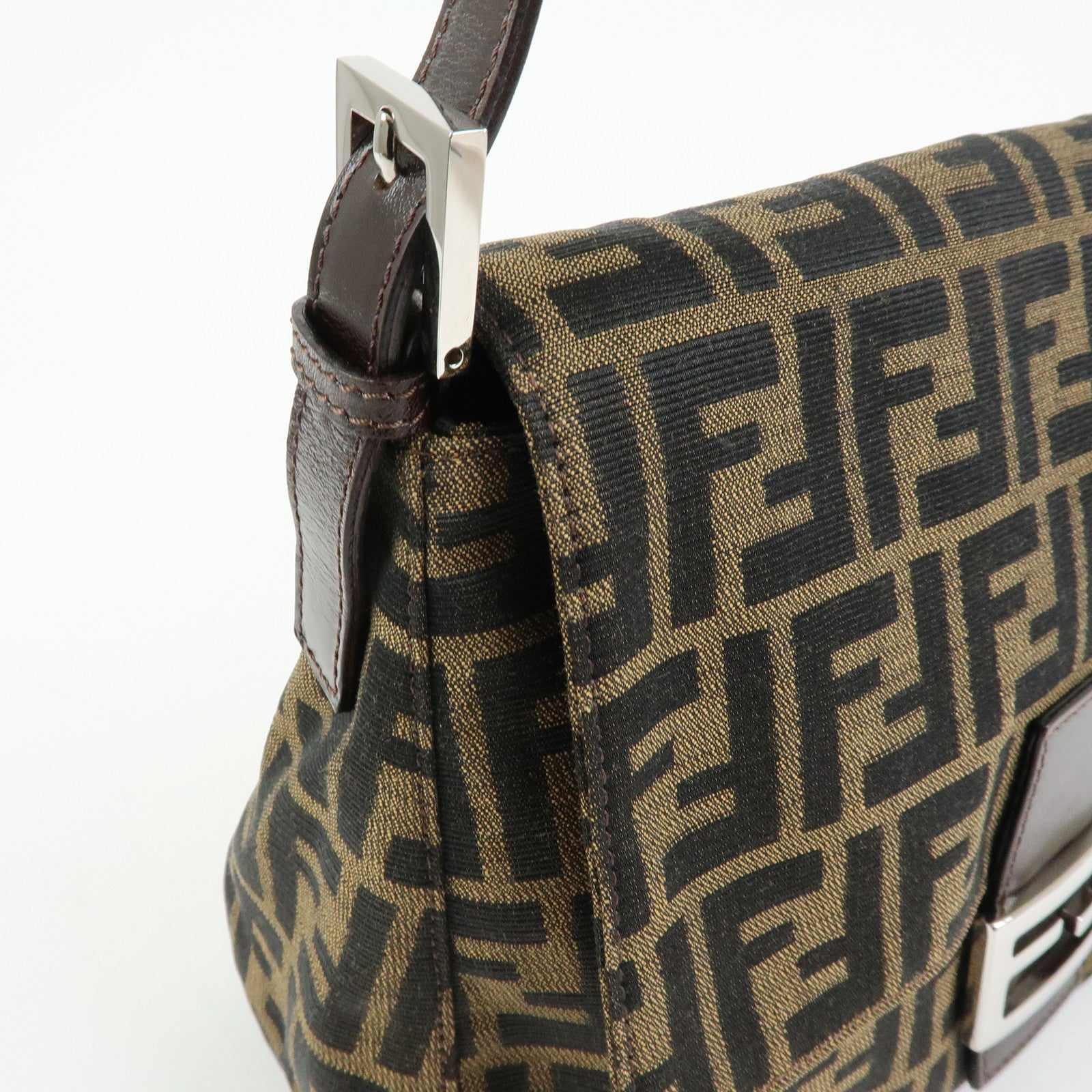 FENDI Mamma Baguette Zucca Canvas Leather Shoulder Bag Brown 26325